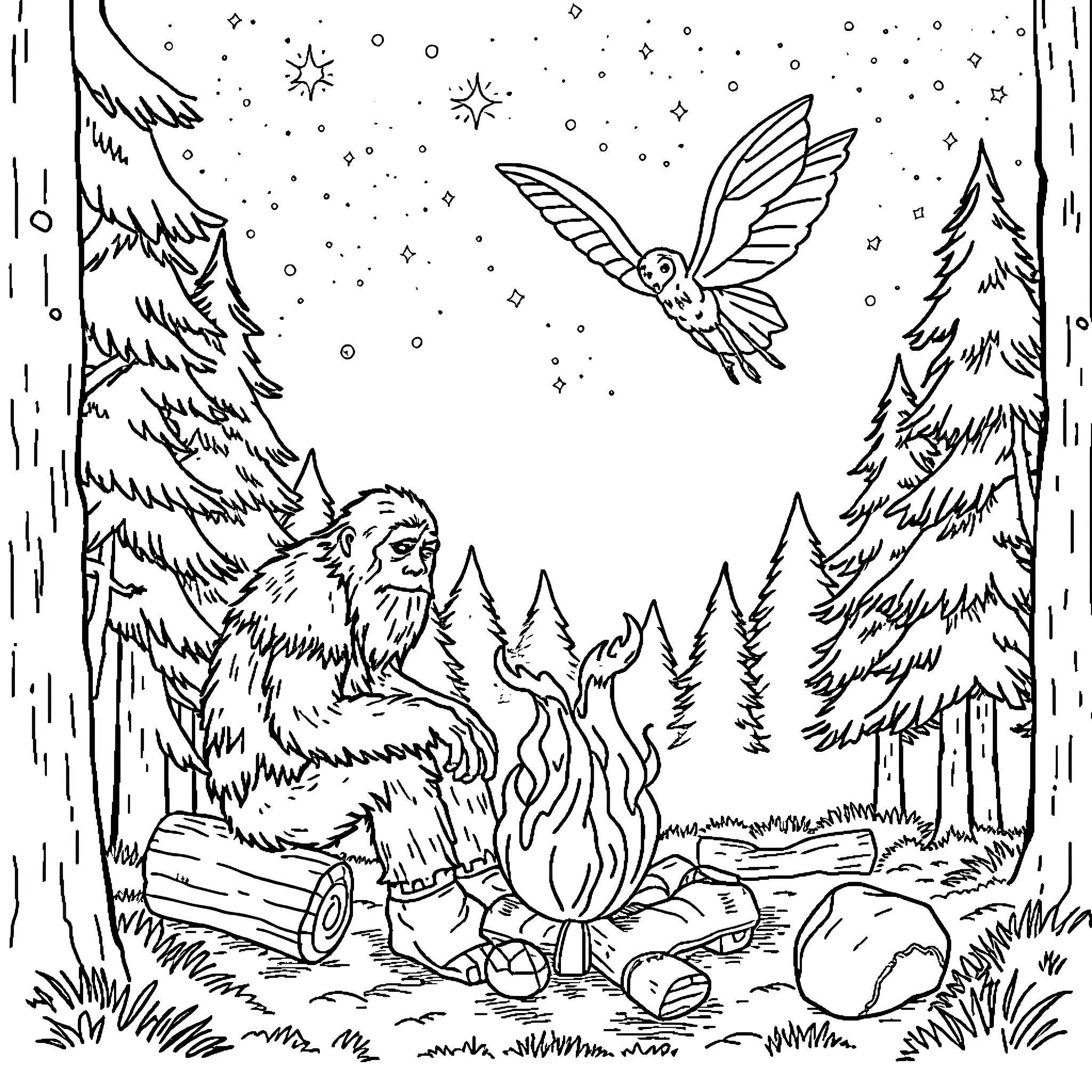 Mothman in the enchanted forest at night Coloring Page (free black-and-white line drawing printable PDF for all, from beginners to advanced learners, including children, teens, adults, and seniors)