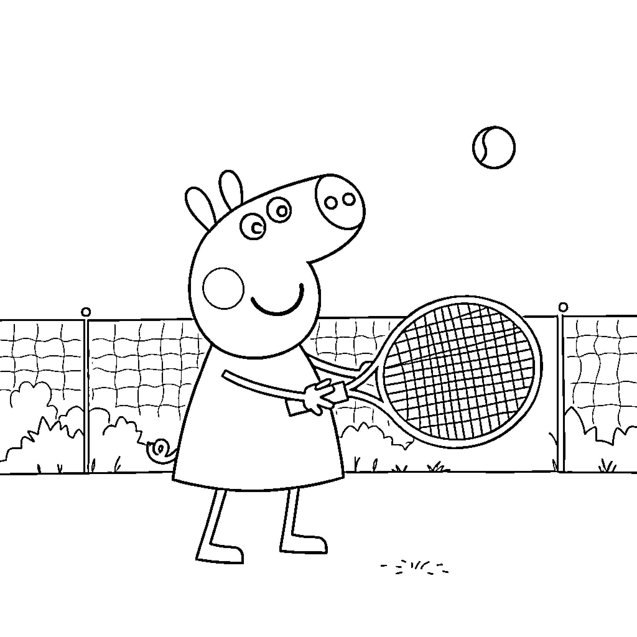 Peppa Pig playing tennis on the court Coloring Page (free black-and-white line drawing printable PDF for all, from beginners to advanced learners, including children, teens, adults, and seniors)