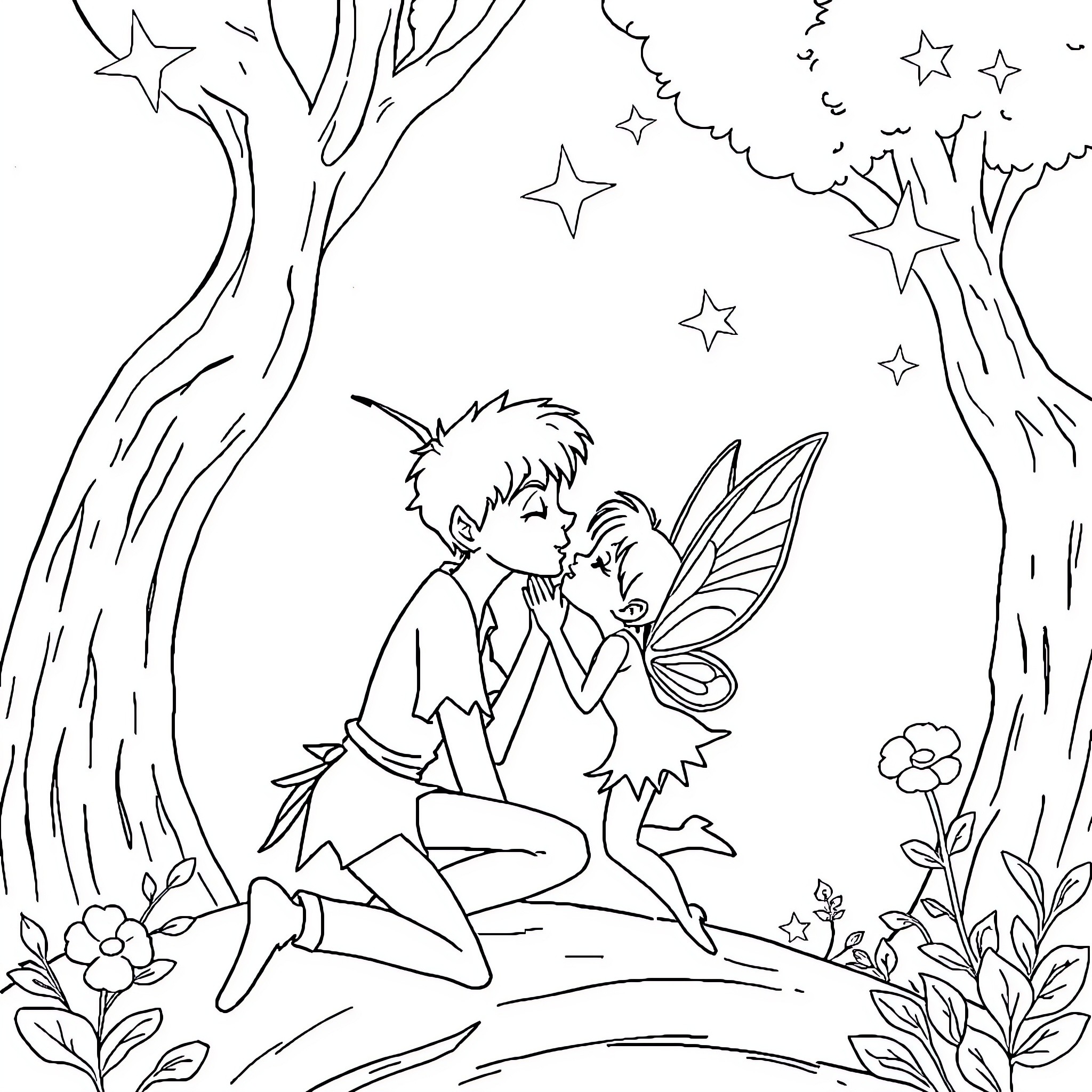 Tinkerbell and boy share a magical moment in the enchanted forest Coloring Page (free black-and-white line drawing printable PDF for all, from beginners to advanced learners, including children, teens, adults, and seniors)