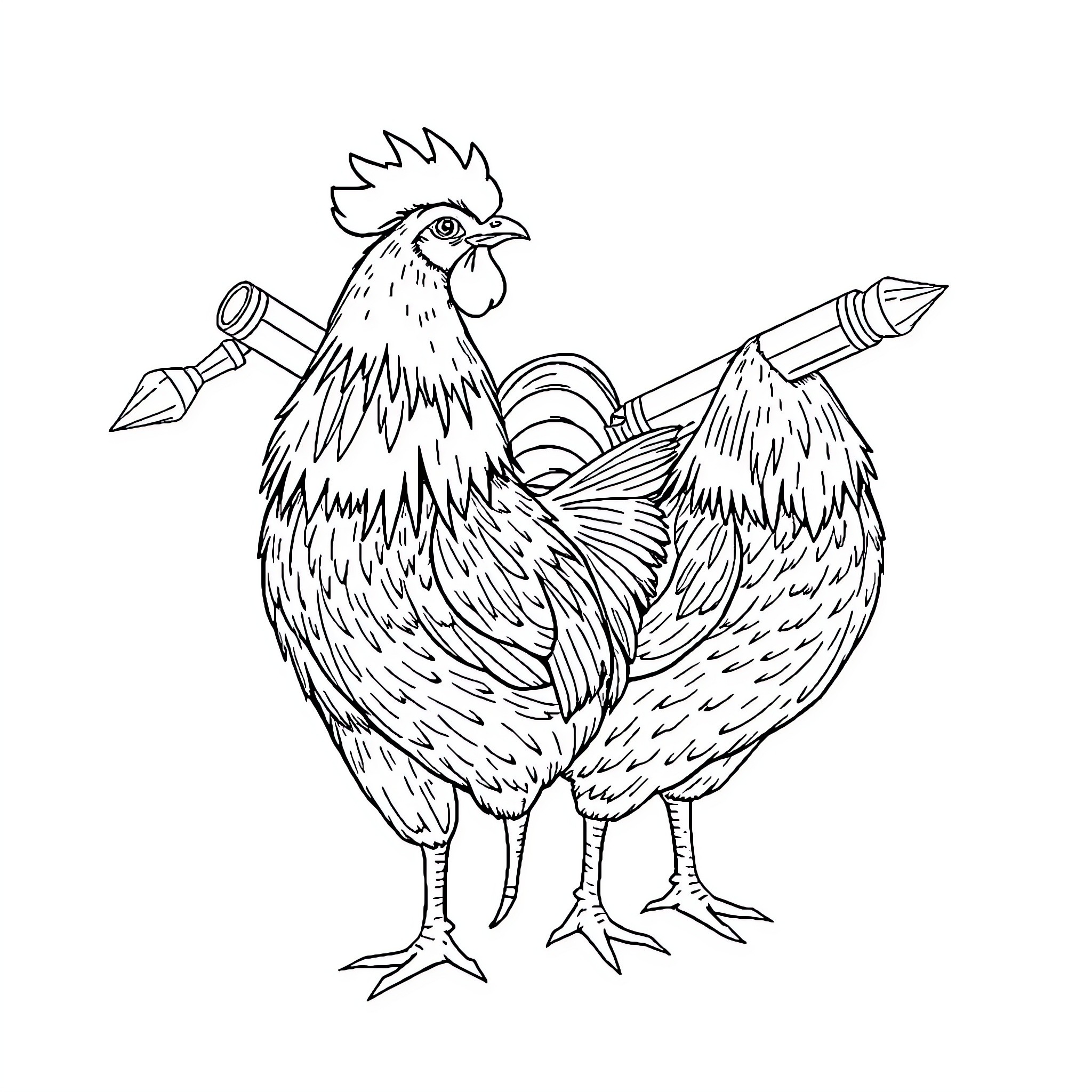 Silkie Chicken handling tools with determination Coloring Page (free black-and-white line drawing printable PDF for all, from beginners to advanced learners, including children, teens, adults, and seniors)