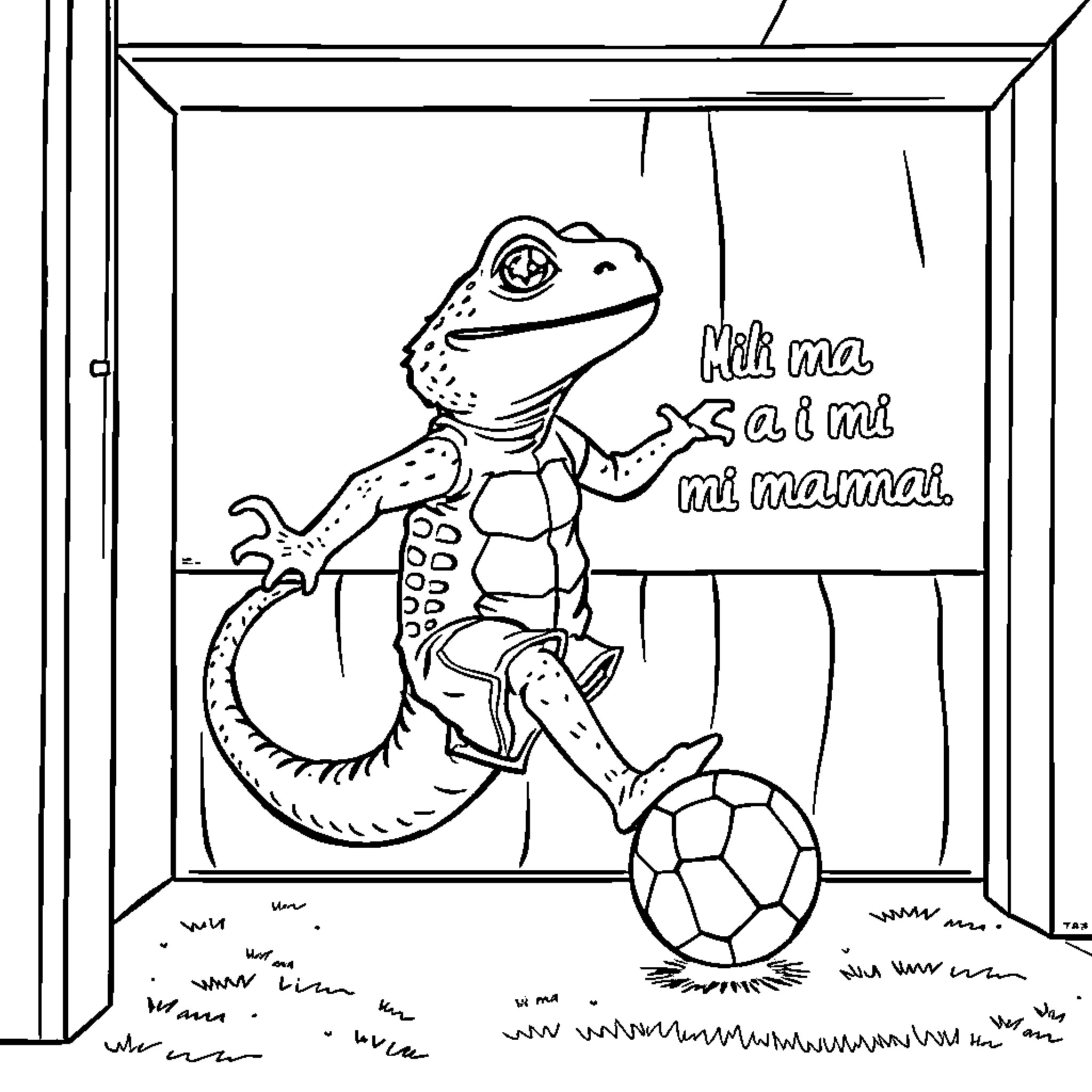 Crocodile playing with soccer ball in window Coloring Page (free black-and-white line drawing printable PDF for all, from beginners to advanced learners, including children, teens, adults, and seniors)