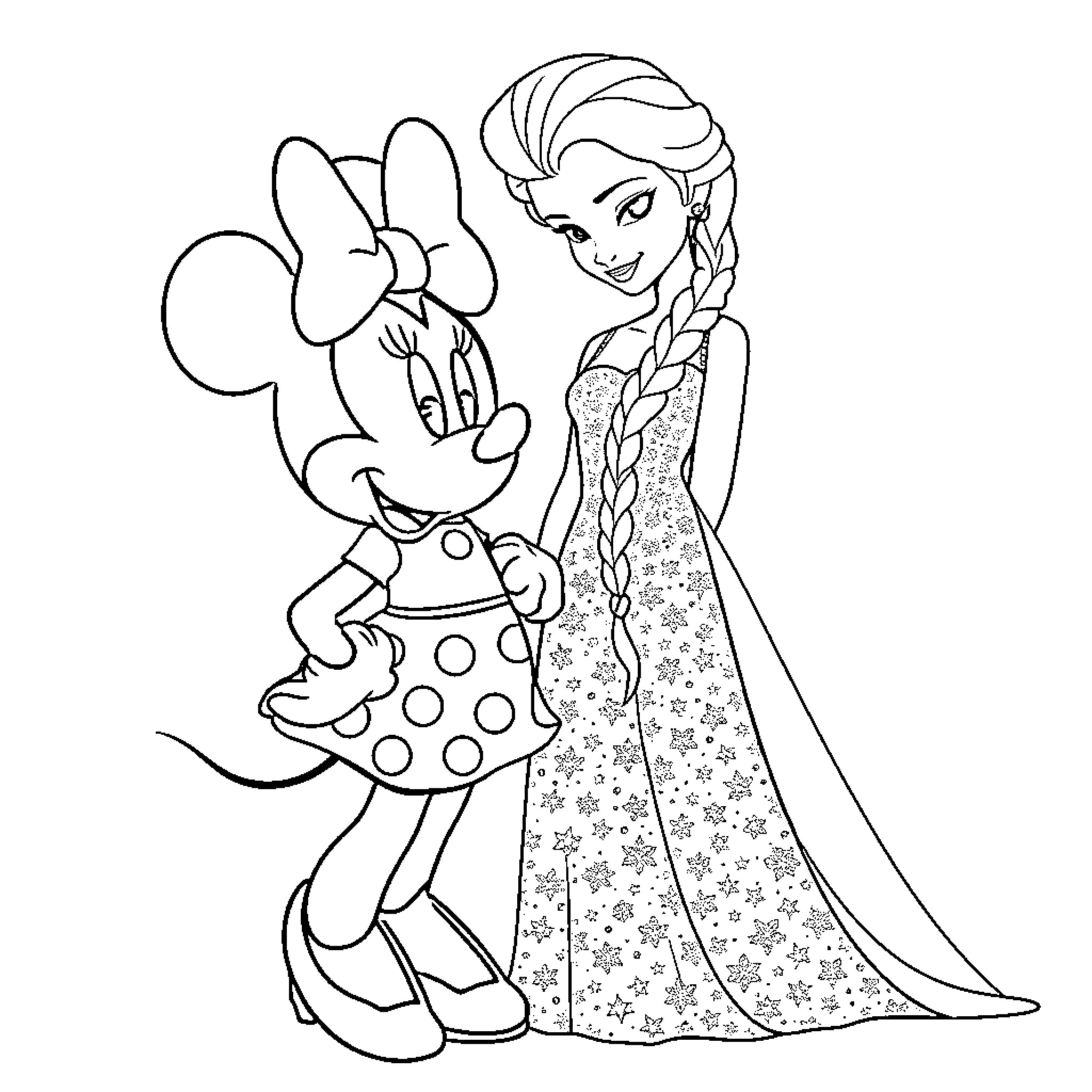 Minnie Mouse and Elsa in Friendly Embrace Coloring Page (free black-and-white line drawing printable PDF for all, from beginners to advanced learners, including children, teens, adults, and seniors)