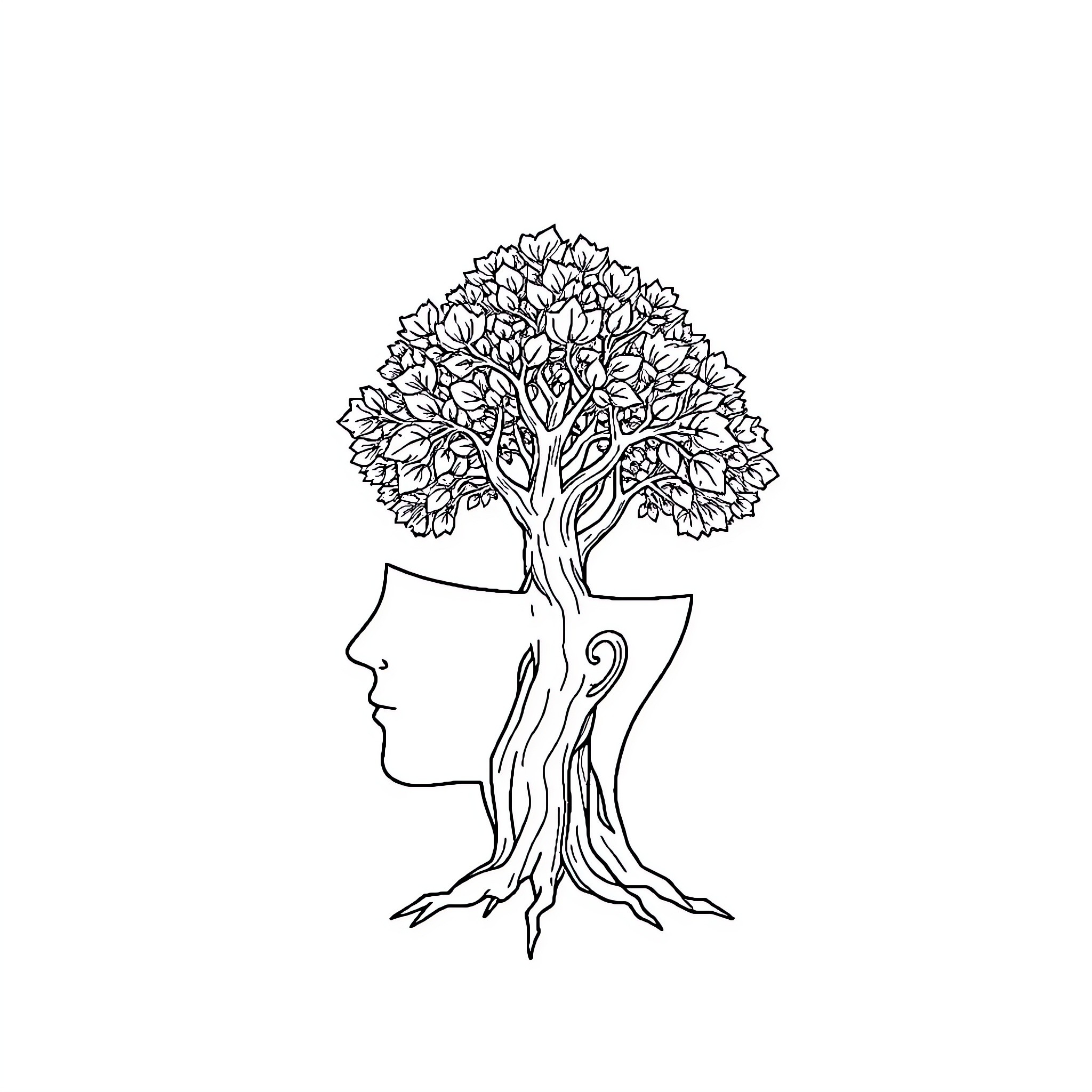 Tree growing from human head in profile Coloring Page (free black-and-white line drawing printable PDF for all, from beginners to advanced learners, including children, teens, adults, and seniors)