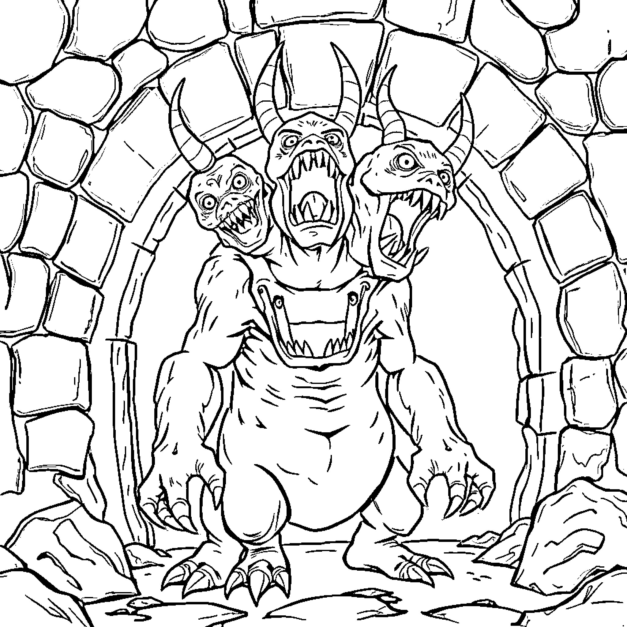 Monster Creatures Emerging from Stone Wall Coloring Page (free black-and-white line drawing printable PDF for all, from beginners to advanced learners, including children, teens, adults, and seniors)