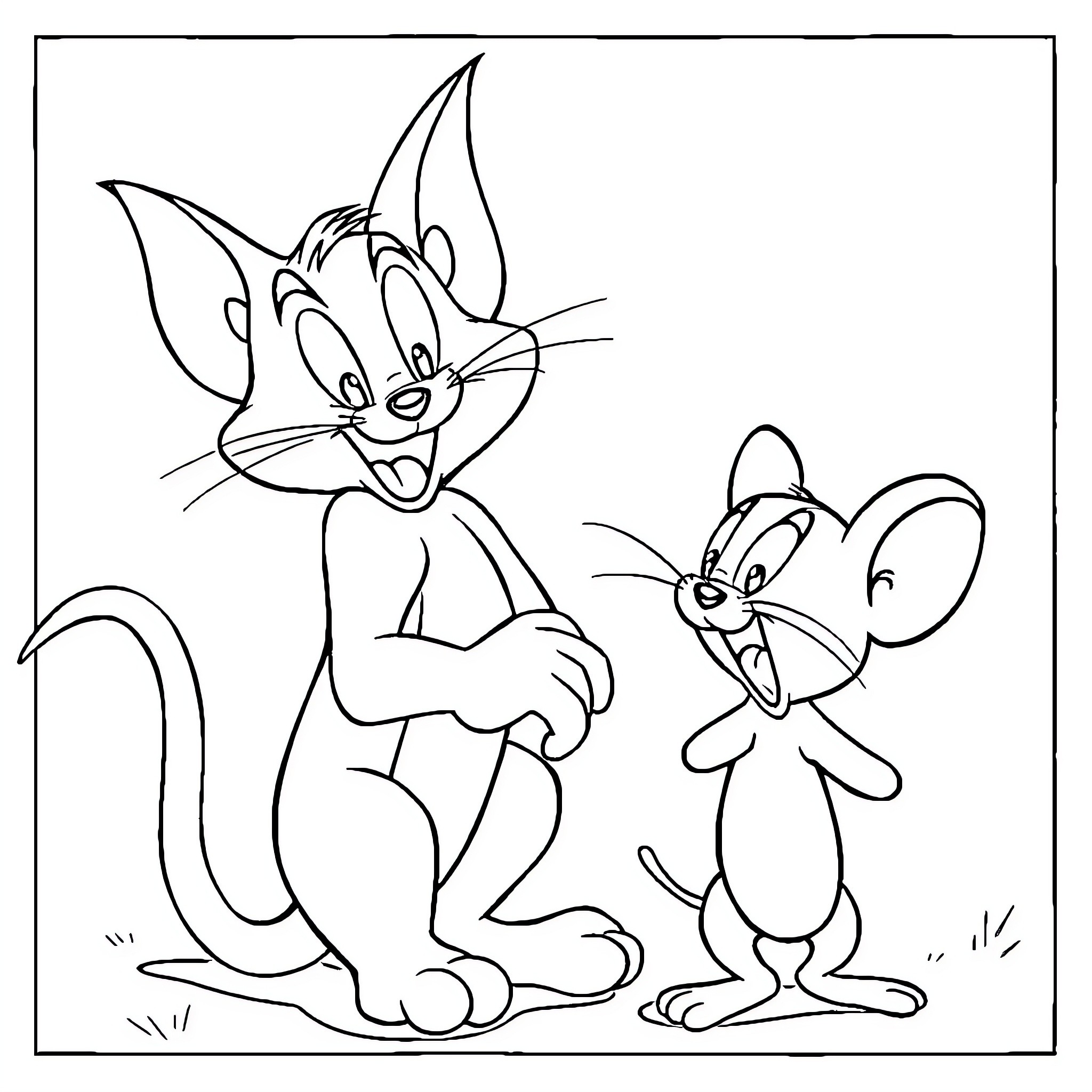 Tom and Jerry playing together happily Coloring Page (free black-and-white line drawing printable PDF for all, from beginners to advanced learners, including children, teens, adults, and seniors)