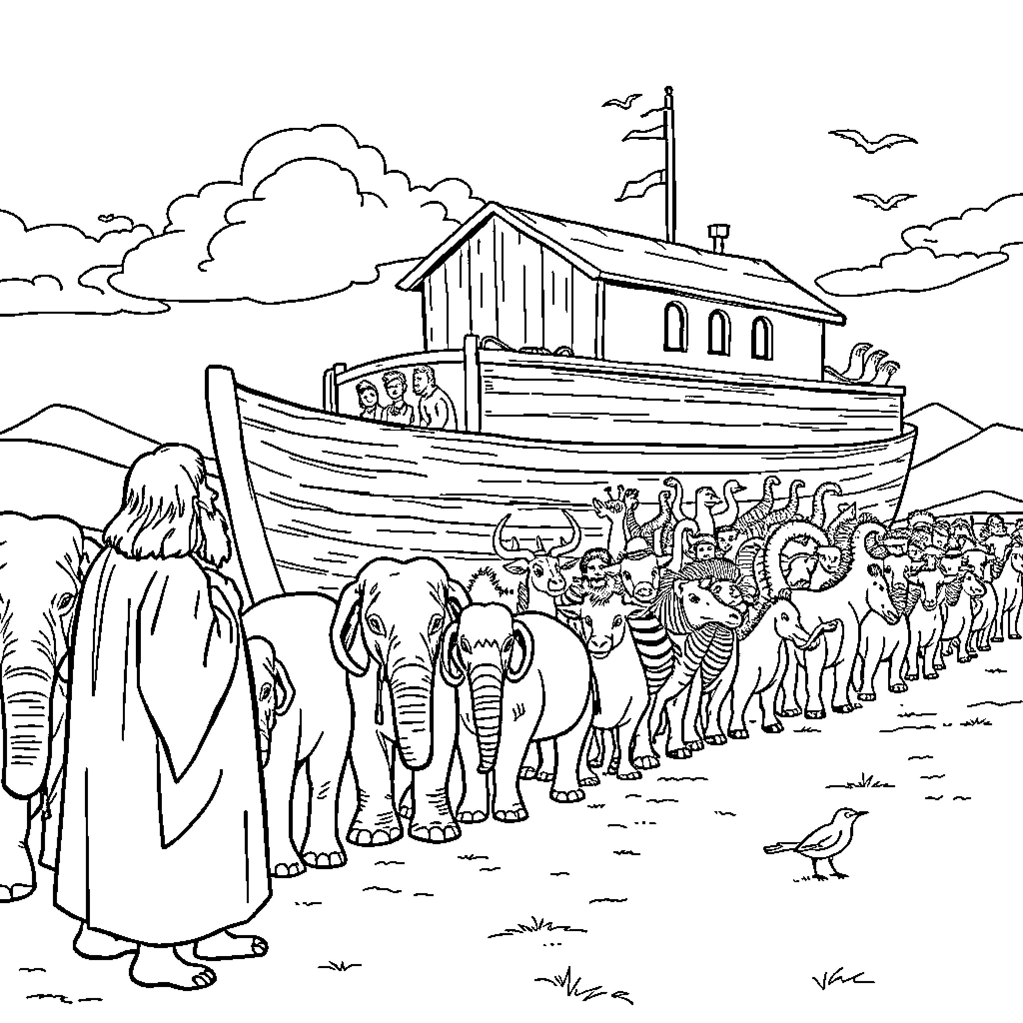 Noah's Ark Assembling the Animals for the Voyage Coloring Page (free black-and-white line drawing printable PDF for all, from beginners to advanced learners, including children, teens, adults, and seniors)