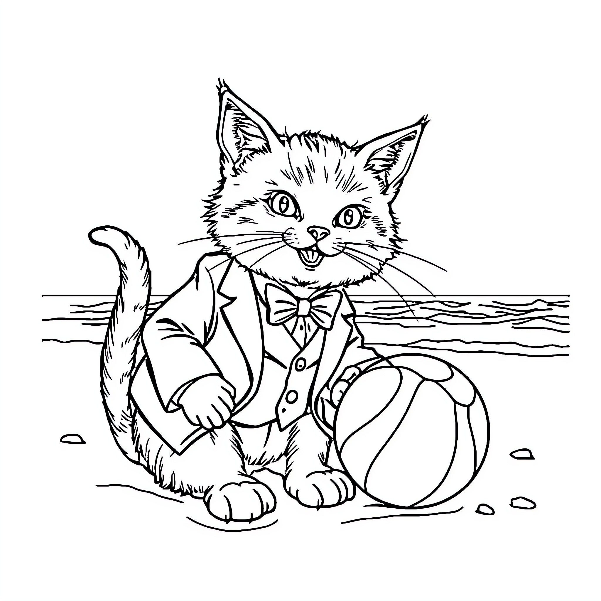 Cat dressed in formal attire playing with beach ball Coloring Page (free black-and-white line drawing printable PDF for all, from beginners to advanced learners, including children, teens, adults, and seniors)