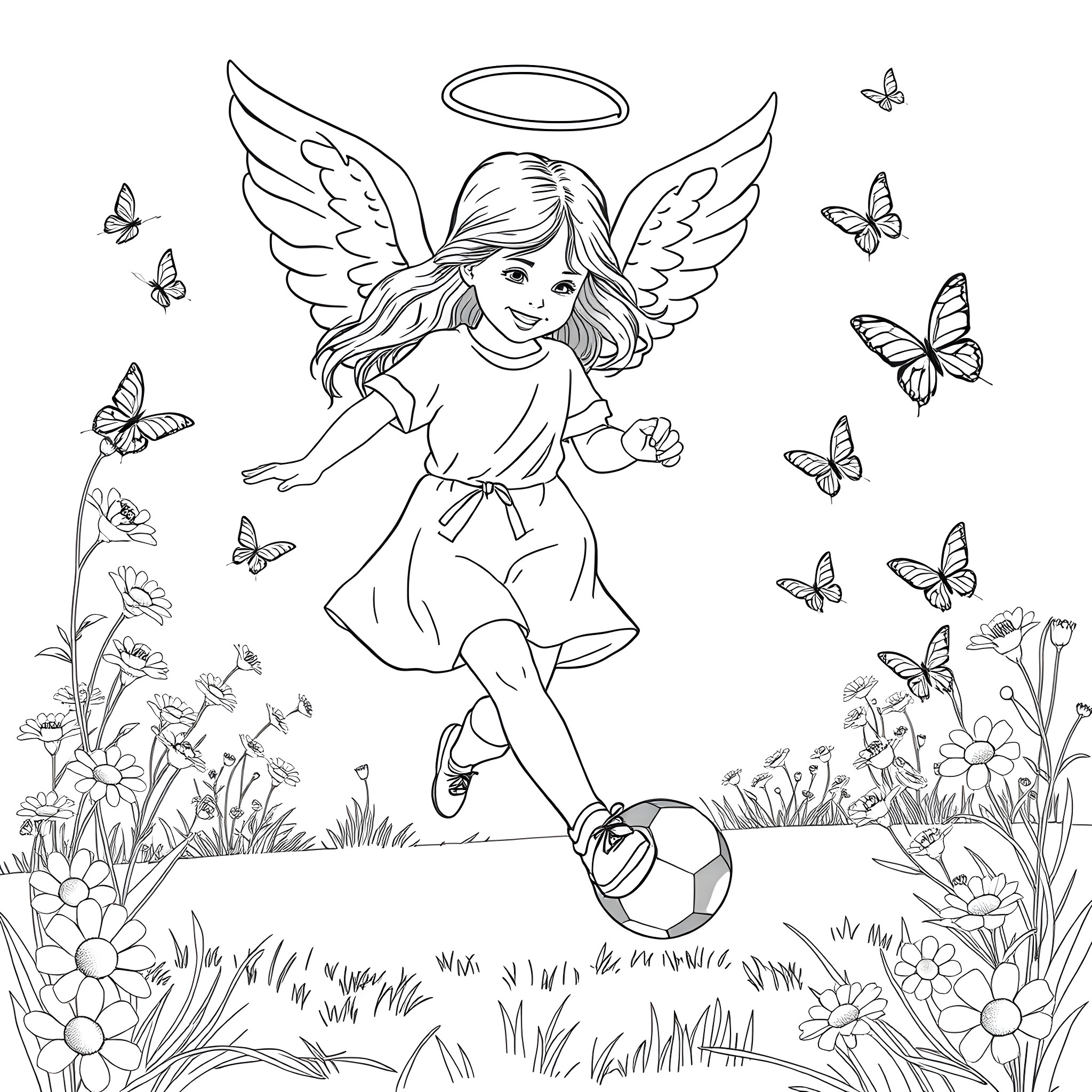Angel playing joyfully with butterflies in the meadow Coloring Page (free black-and-white line drawing printable PDF for all, from beginners to advanced learners, including children, teens, adults, and seniors)