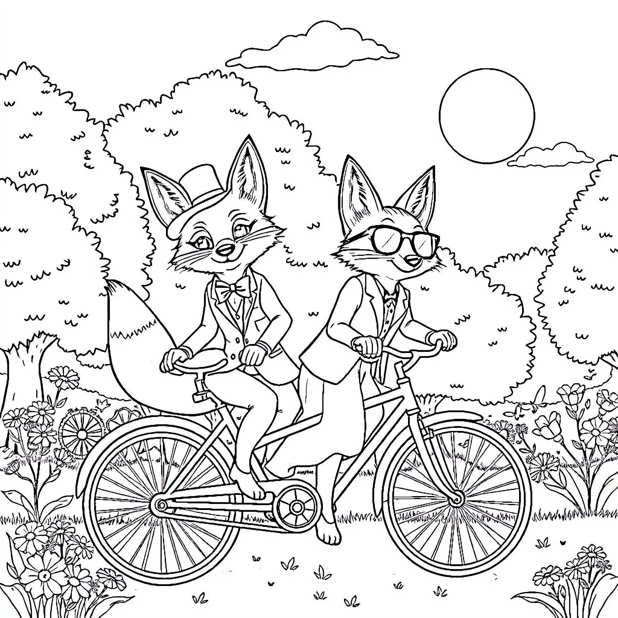 Fox friends ride bicycles in the forest Coloring Page (free black-and-white line drawing printable PDF for all, from beginners to advanced learners, including children, teens, adults, and seniors)