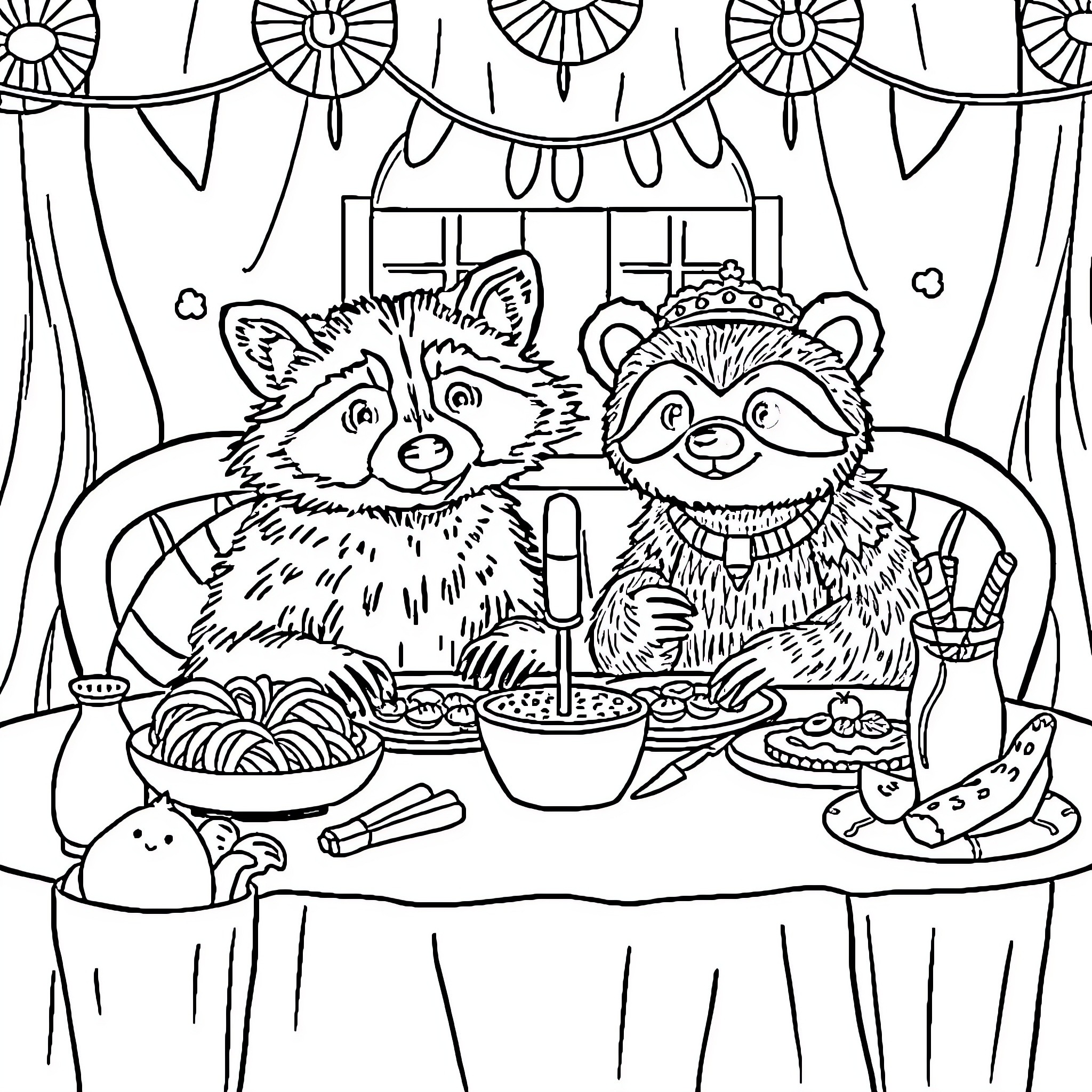 Raccoons enjoying a carnival-themed feast together Coloring Page (free black-and-white line drawing printable PDF for all, from beginners to advanced learners, including children, teens, adults, and seniors)