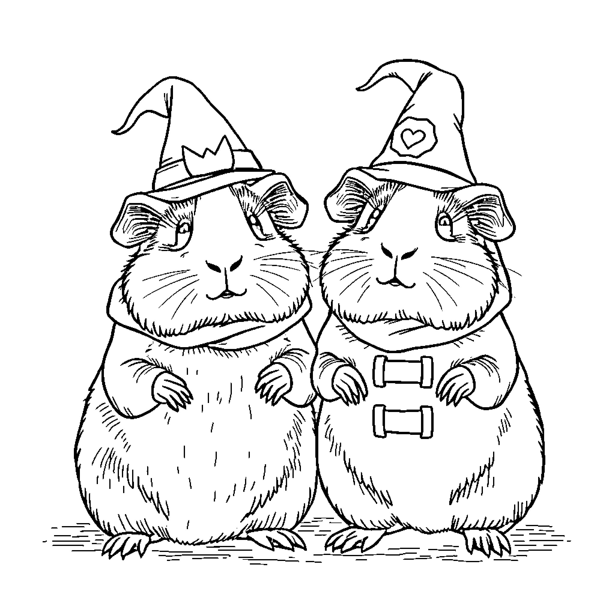 Guinea Pigs Wearing Wizard Hats and Smiling Coloring Page (free black-and-white line drawing printable PDF for all, from beginners to advanced learners, including children, teens, adults, and seniors)