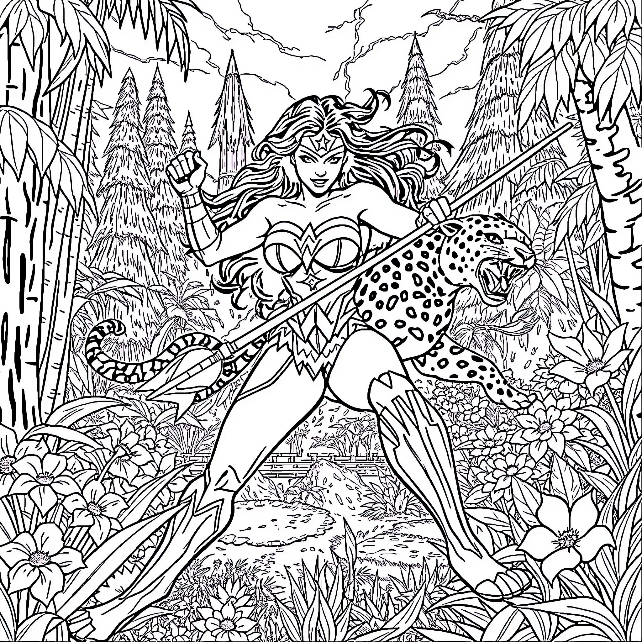 Wonder Woman in Powerful Jungle Pose Coloring Page (free black-and-white line drawing printable PDF for all, from beginners to advanced learners, including children, teens, adults, and seniors)