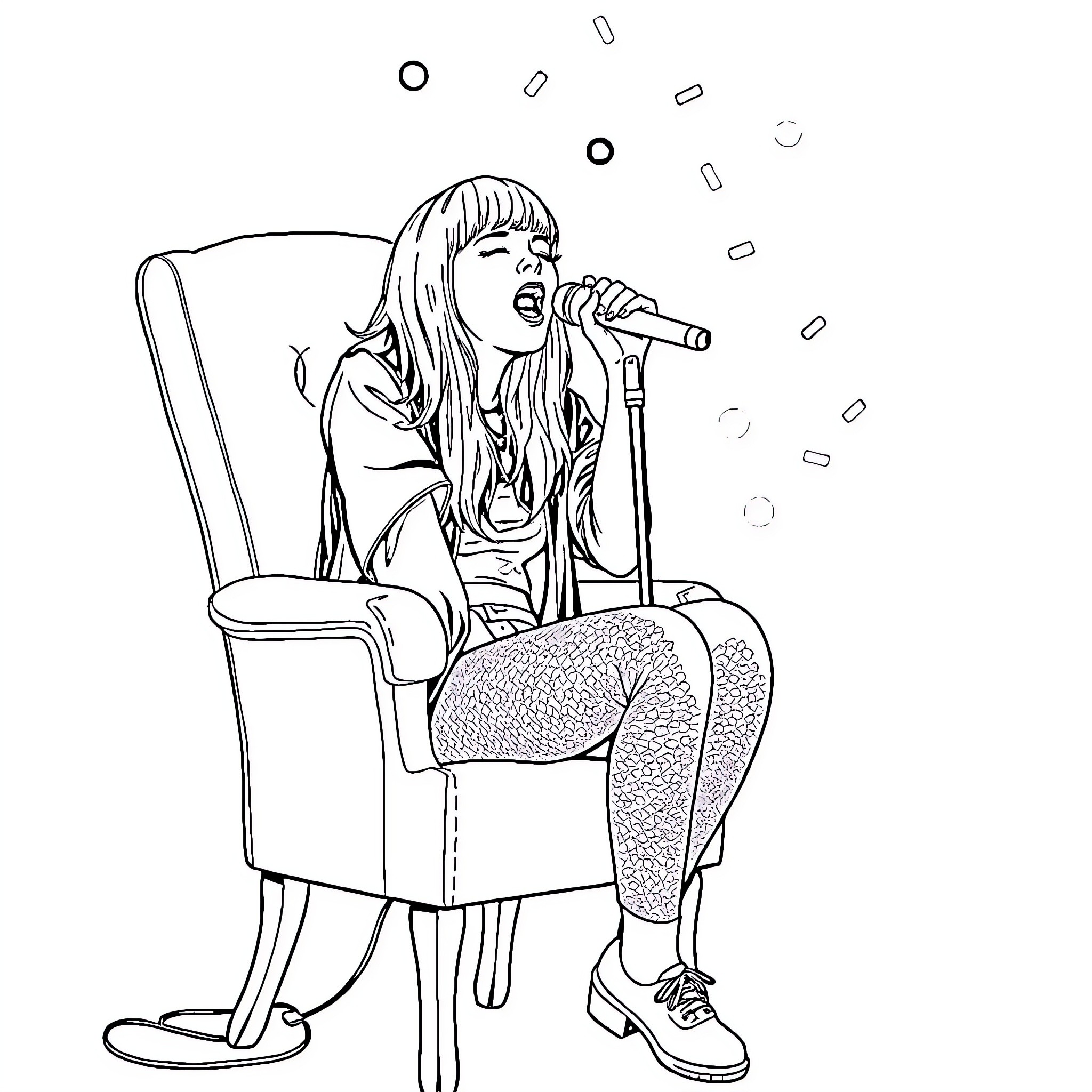 Billie Eilish performing on stage with microphone Coloring Page (free black-and-white line drawing printable PDF for all, from beginners to advanced learners, including children, teens, adults, and seniors)