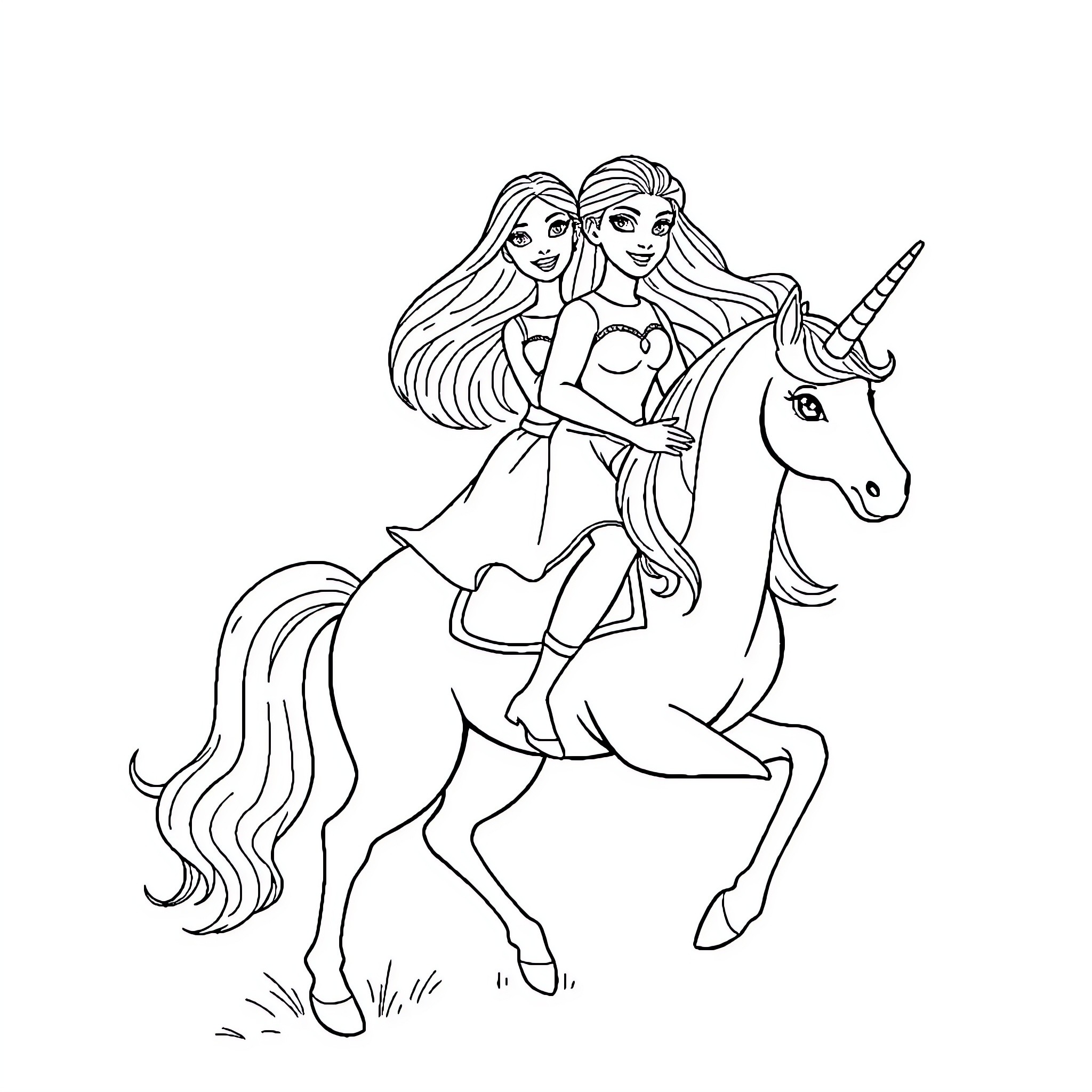 Barbie and Unicorn in Magical Adventure Coloring Page (free black-and-white line drawing printable PDF for all, from beginners to advanced learners, including children, teens, adults, and seniors)