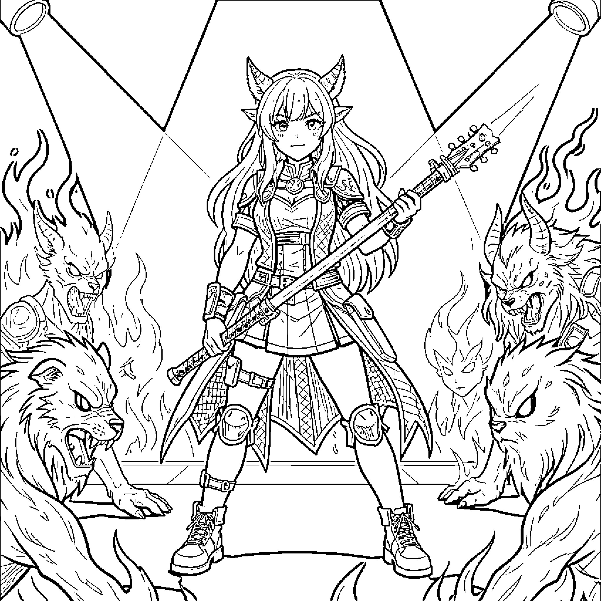 Mira posing with a guitar surrounded by mythical beasts Coloring Page (free black-and-white line drawing printable PDF for all, from beginners to advanced learners, including children, teens, adults, and seniors)