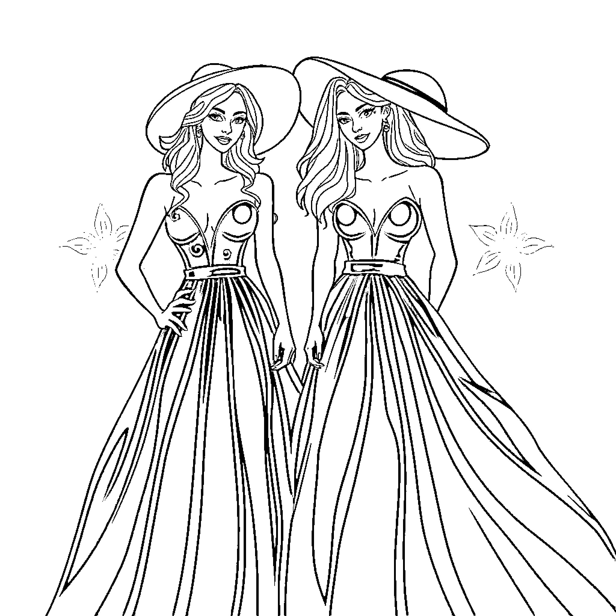 Doll Clothing - Elegant Dresses and Hats Coloring Page (free black-and-white line drawing printable PDF for all, from beginners to advanced learners, including children, teens, adults, and seniors)