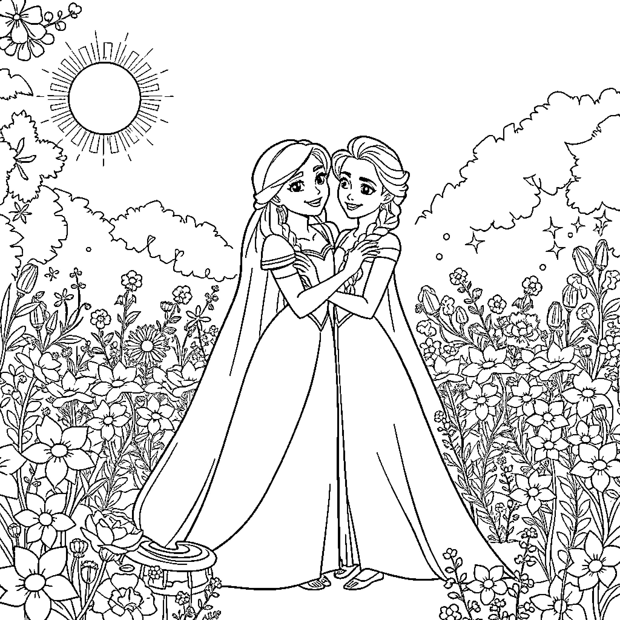 Rapunzel and Elsa in a Fairytale Garden Coloring Page (free black-and-white line drawing printable PDF for all, from beginners to advanced learners, including children, teens, adults, and seniors)