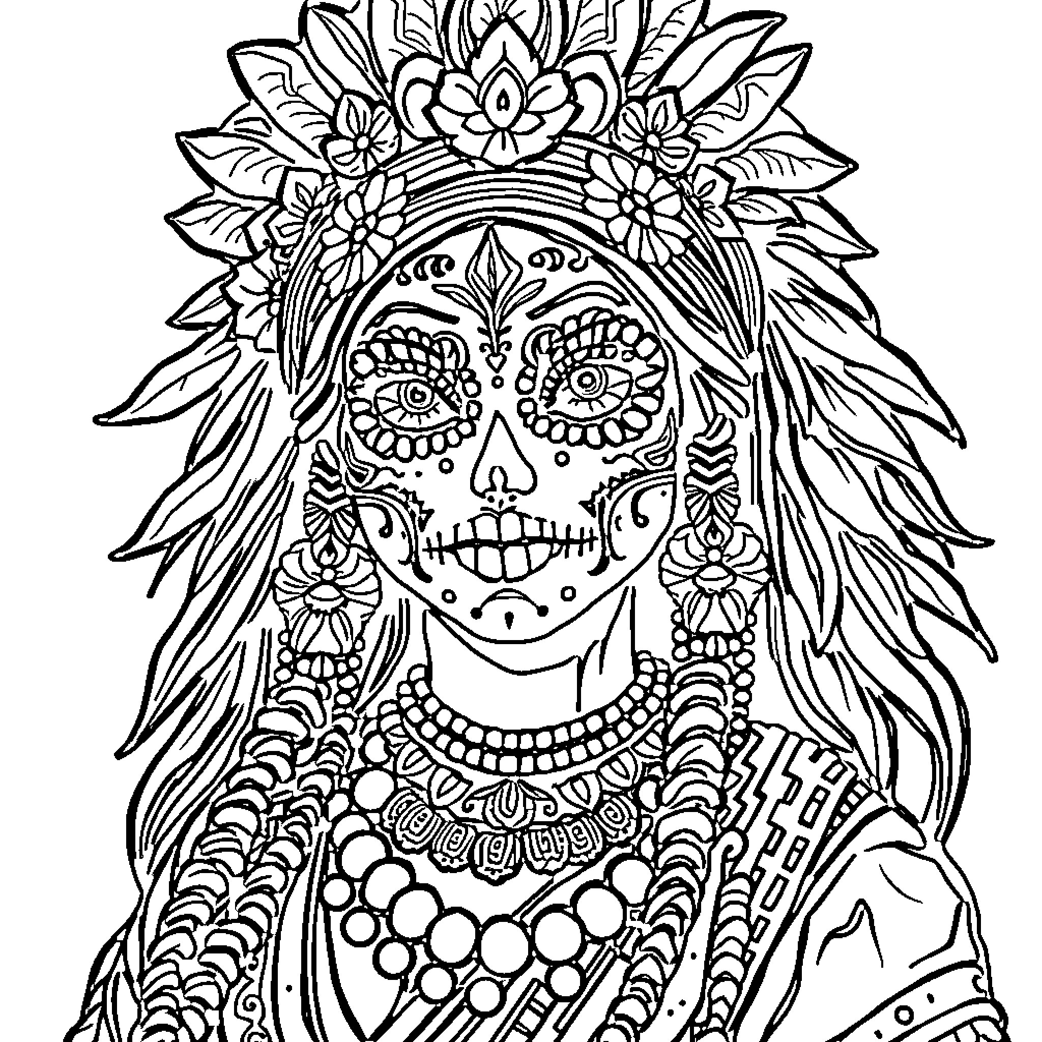 Goddess of Ornate Day of the Dead Celebration Coloring Page (free black-and-white line drawing printable PDF for all, from beginners to advanced learners, including children, teens, adults, and seniors)