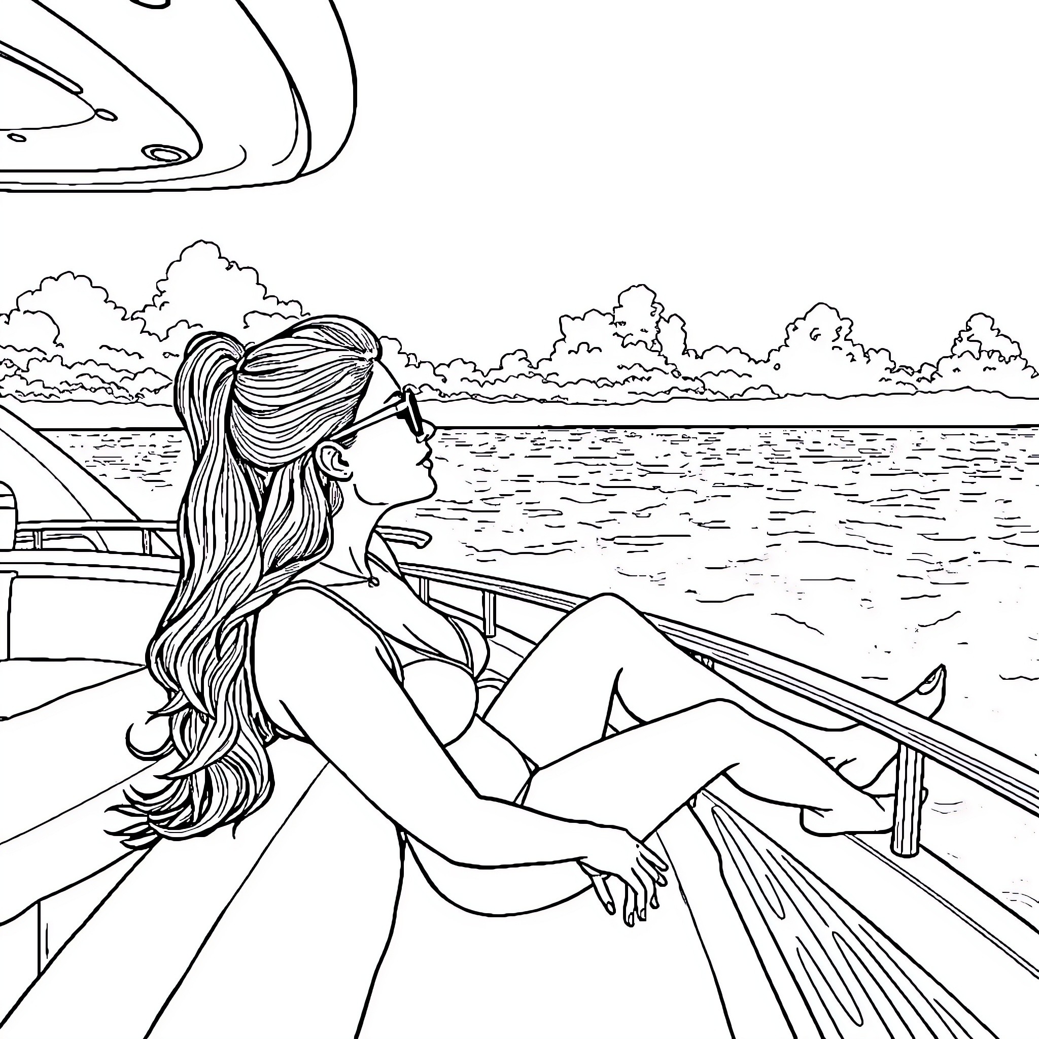 Samantha Jones relaxing on a boat by the water Coloring Page (free black-and-white line drawing printable PDF for all, from beginners to advanced learners, including children, teens, adults, and seniors)