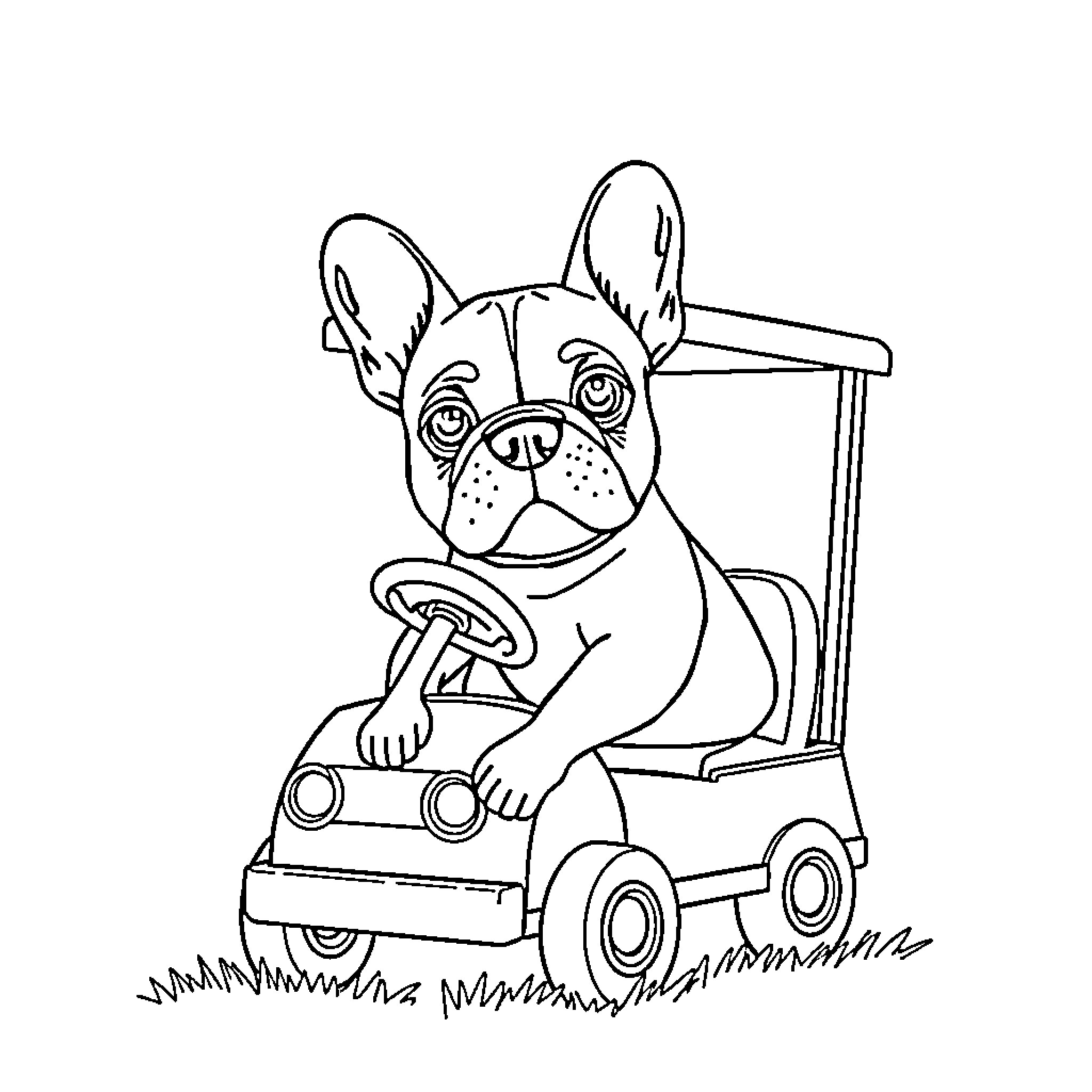 French Bulldog riding a toy car with joy Coloring Page (free black-and-white line drawing printable PDF for all, from beginners to advanced learners, including children, teens, adults, and seniors)