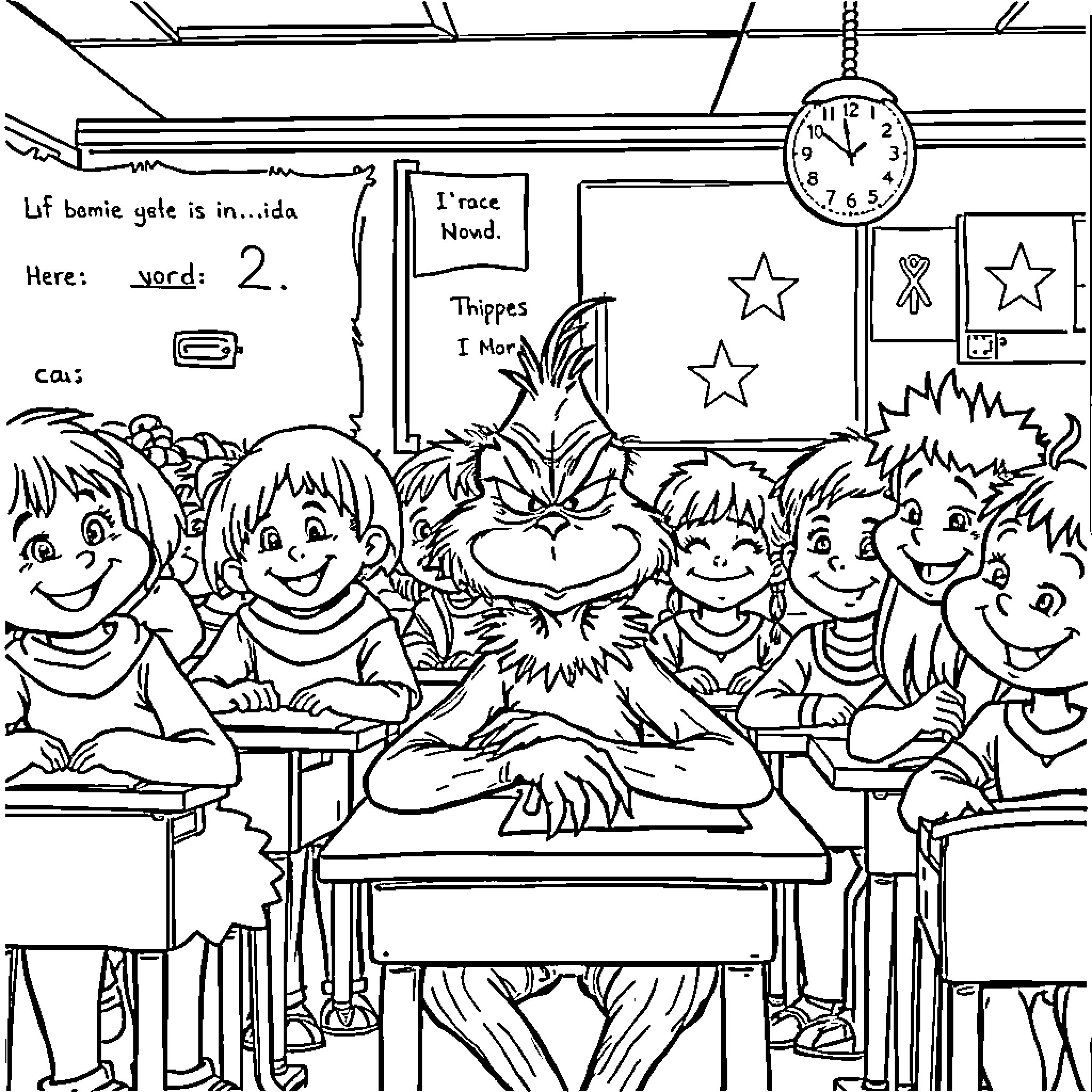 Grinch teaching a group of children in the classroom Coloring Page (free black-and-white line drawing printable PDF for all, from beginners to advanced learners, including children, teens, adults, and seniors)
