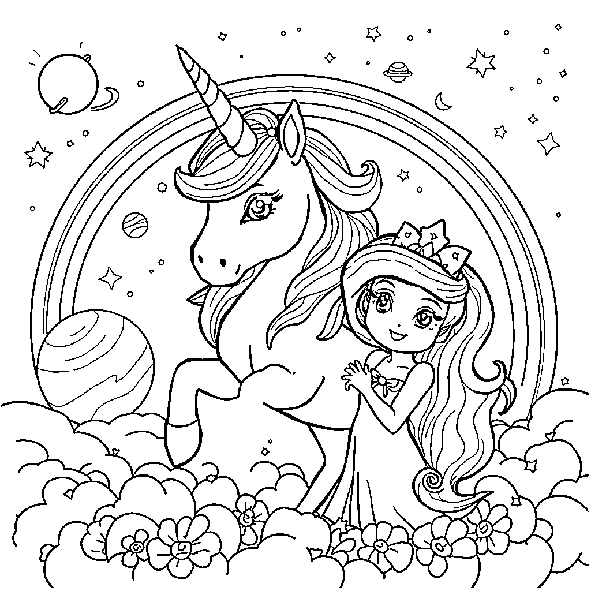 Unicorn and girl in magical fantasy scene Coloring Page (free black-and-white line drawing printable PDF for all, from beginners to advanced learners, including children, teens, adults, and seniors)