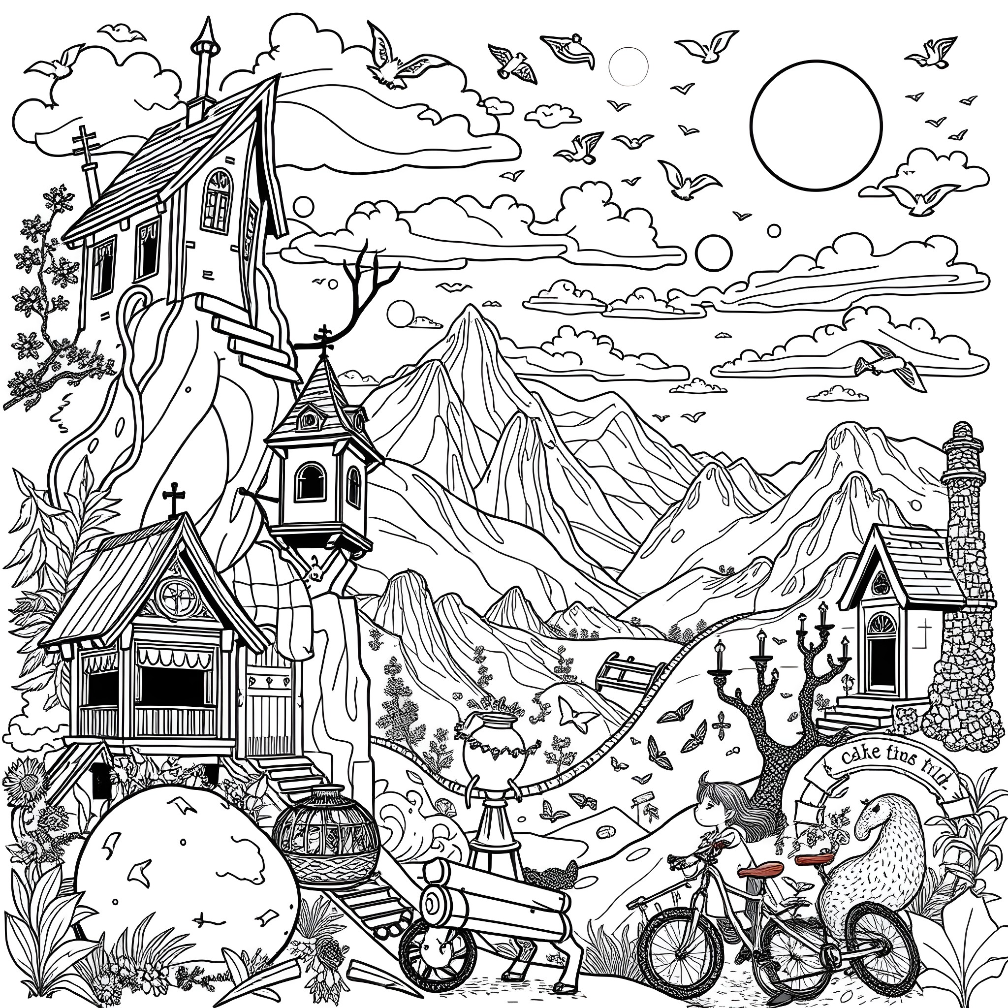 Picture of a whimsical mountain landscape with houses, vehicles, and nature Coloring Page (free black-and-white line drawing printable PDF for all, from beginners to advanced learners, including children, teens, adults, and seniors)