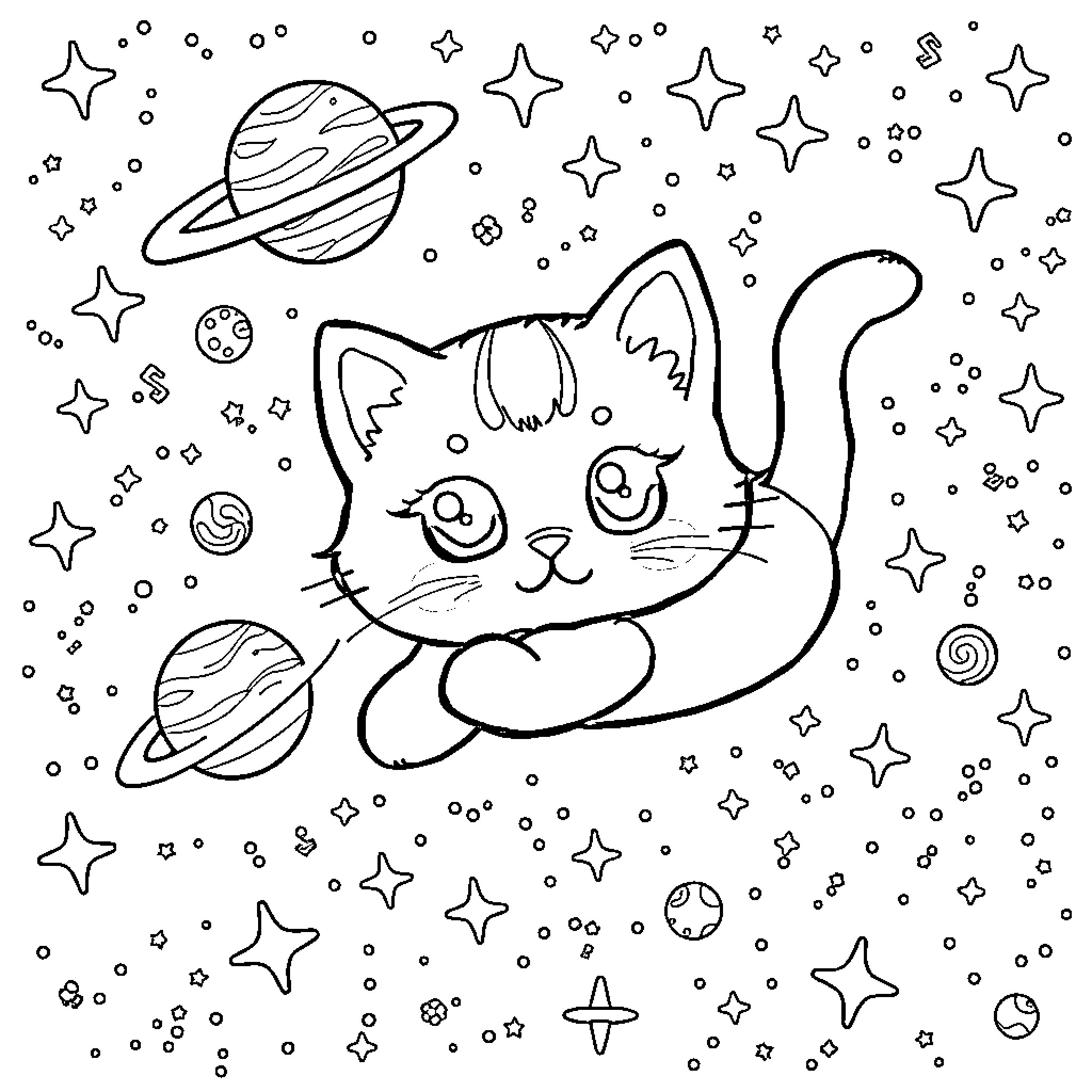 Kitty exploring the cosmic universe Coloring Page (free black-and-white line drawing printable PDF for all, from beginners to advanced learners, including children, teens, adults, and seniors)
