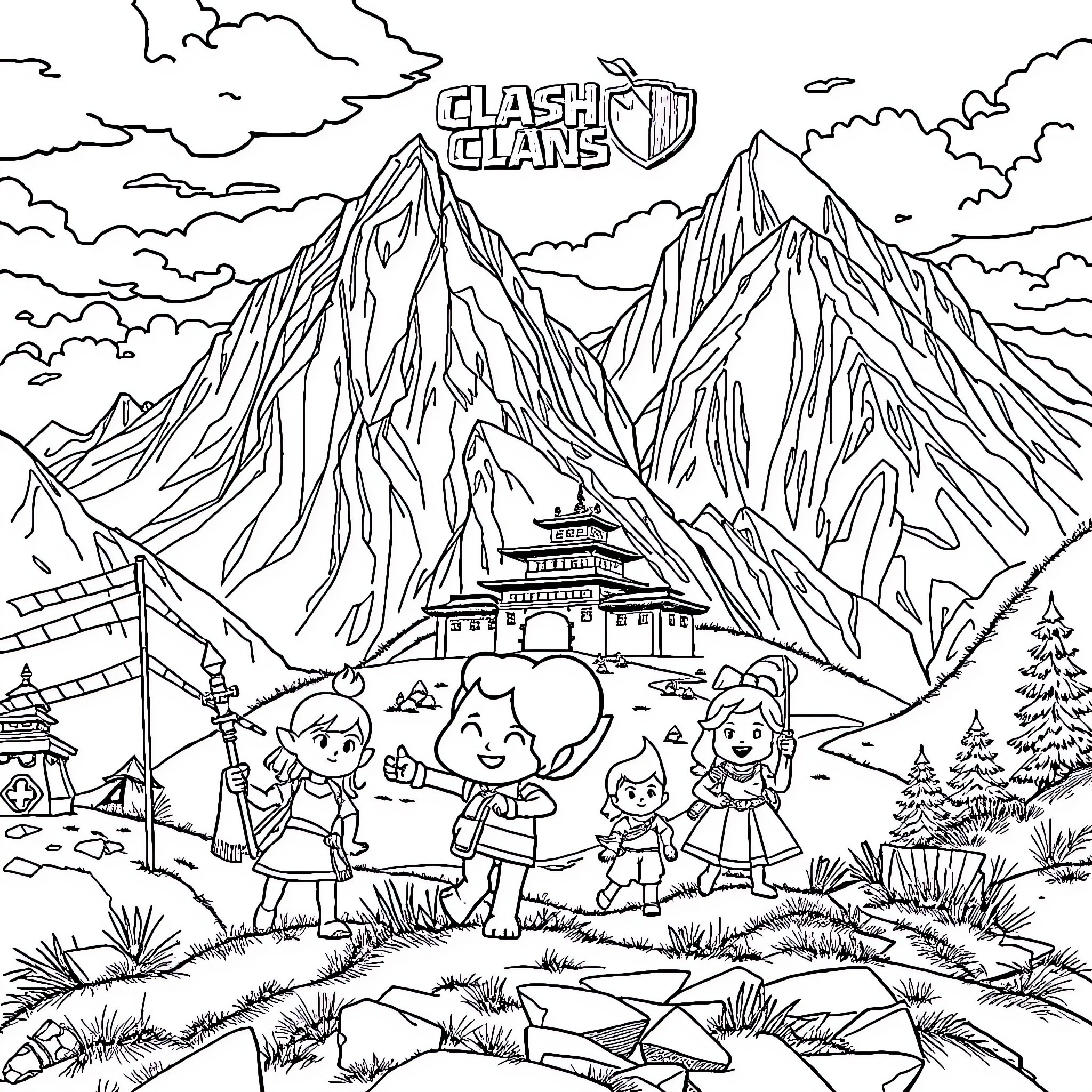 Clash of Clans - Warriors exploring mountainous landscapes Coloring Page (free black-and-white line drawing printable PDF for all, from beginners to advanced learners, including children, teens, adults, and seniors)