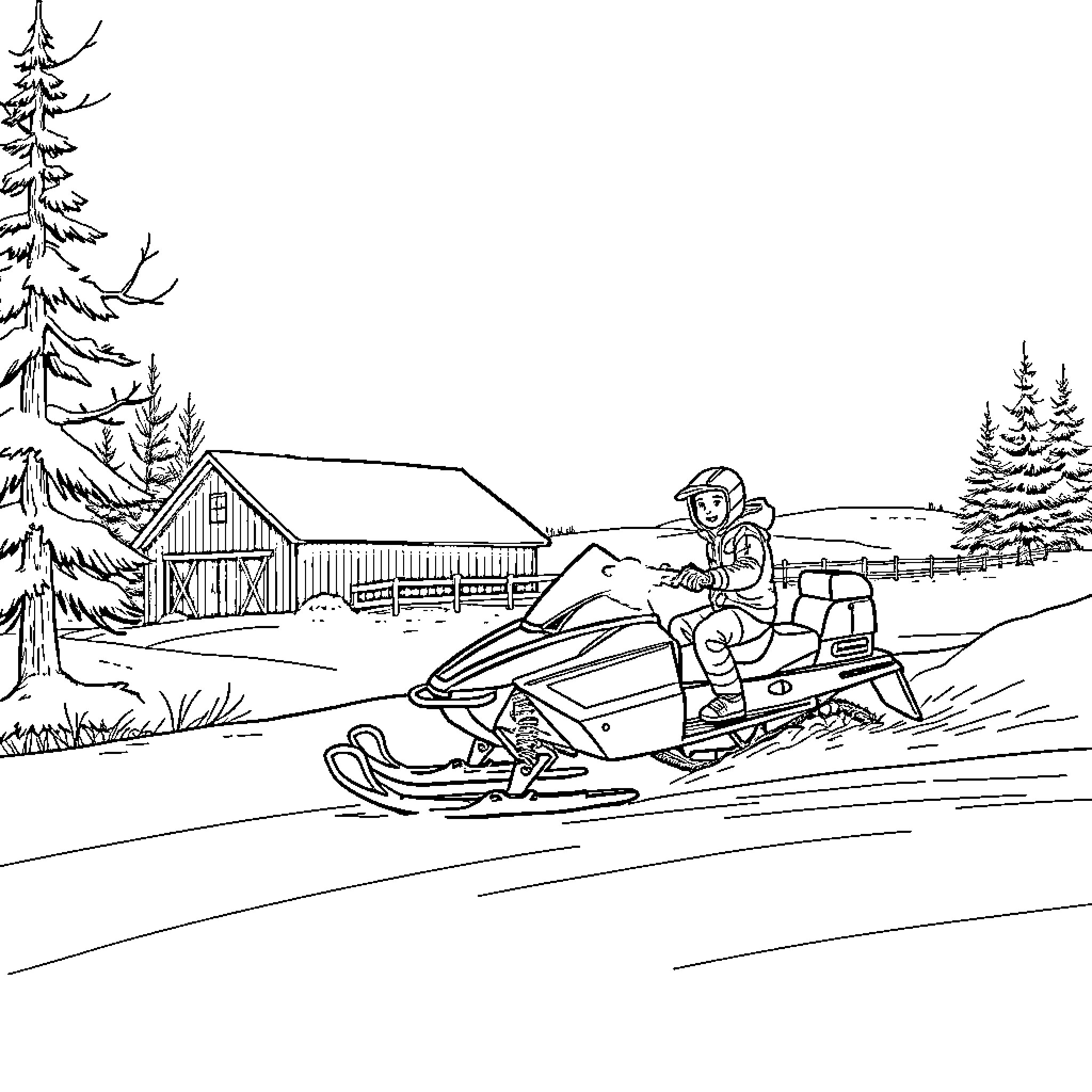 Boy riding snowmobile through snowy winter landscape Coloring Page (free black-and-white line drawing printable PDF for all, from beginners to advanced learners, including children, teens, adults, and seniors)