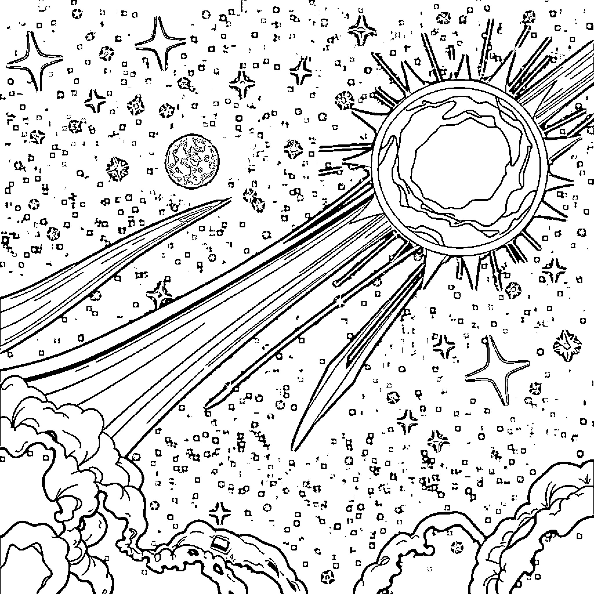 Solar System Celestial Wonders Coloring Page (free black-and-white line drawing printable PDF for all, from beginners to advanced learners, including children, teens, adults, and seniors)
