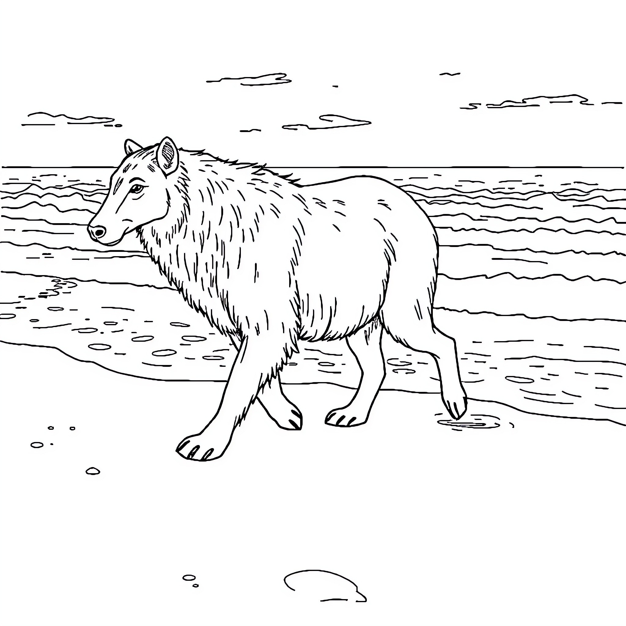 Snow Queen's Tranquil Stroll by the Serene Sea Coloring Page (free black-and-white line drawing printable PDF for all, from beginners to advanced learners, including children, teens, adults, and seniors)