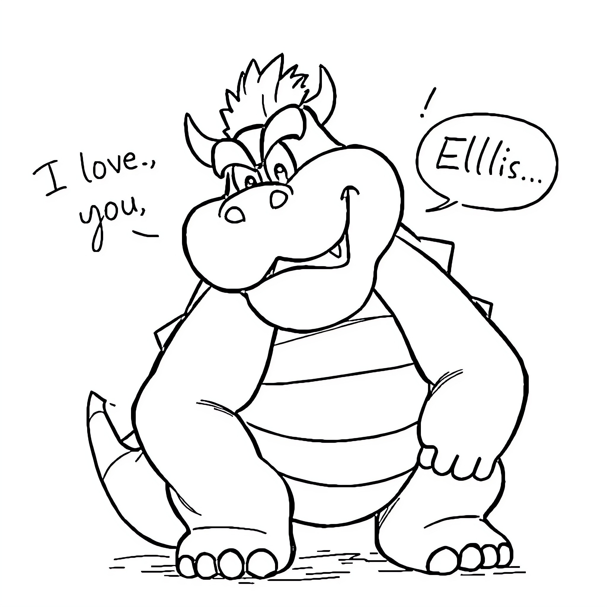 Bowser expressing love and saying 'Ellis...' Coloring Page (free black-and-white line drawing printable PDF for all, from beginners to advanced learners, including children, teens, adults, and seniors)