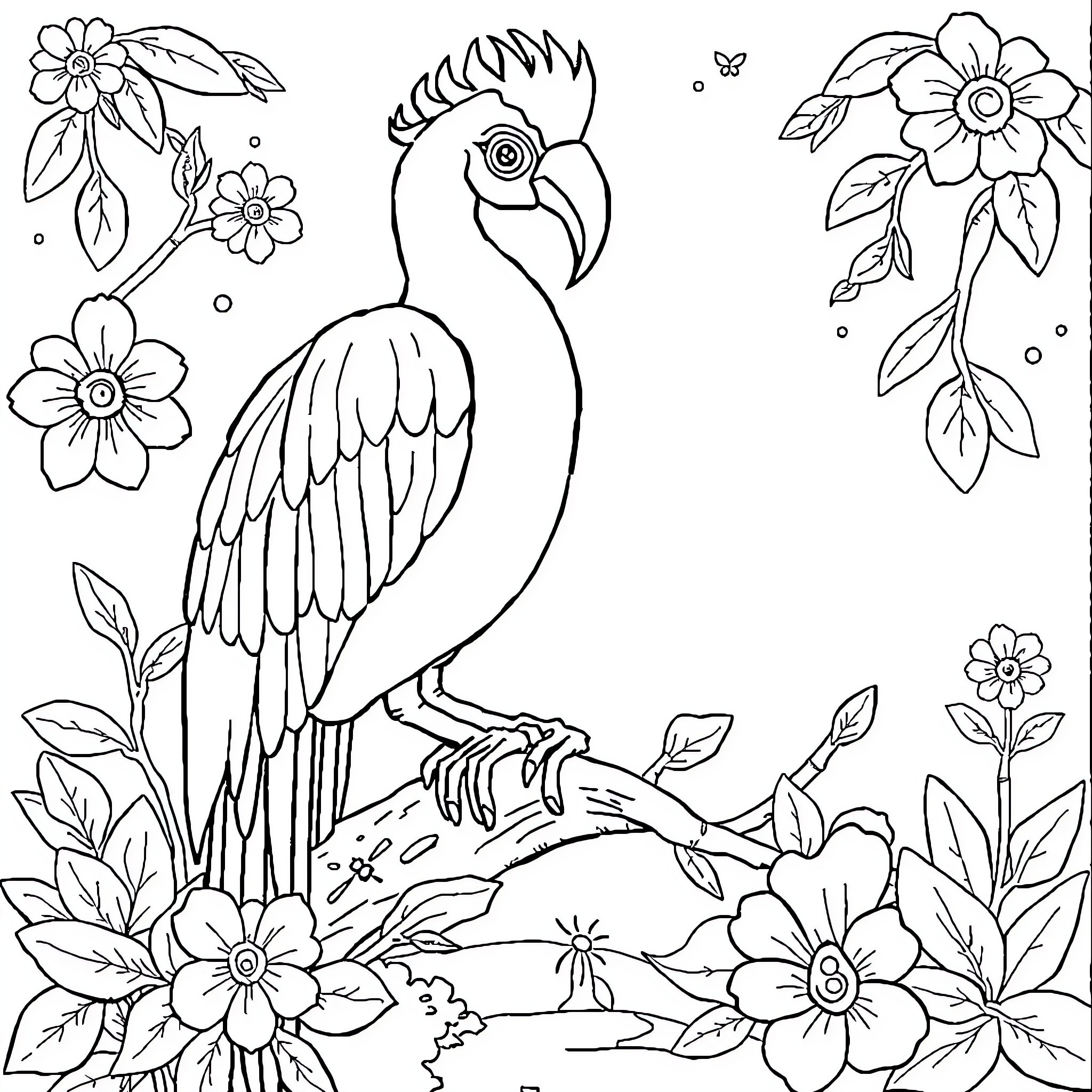 Animal perching on branch surrounded by flowers Coloring Page (free black-and-white line drawing printable PDF for all, from beginners to advanced learners, including children, teens, adults, and seniors)