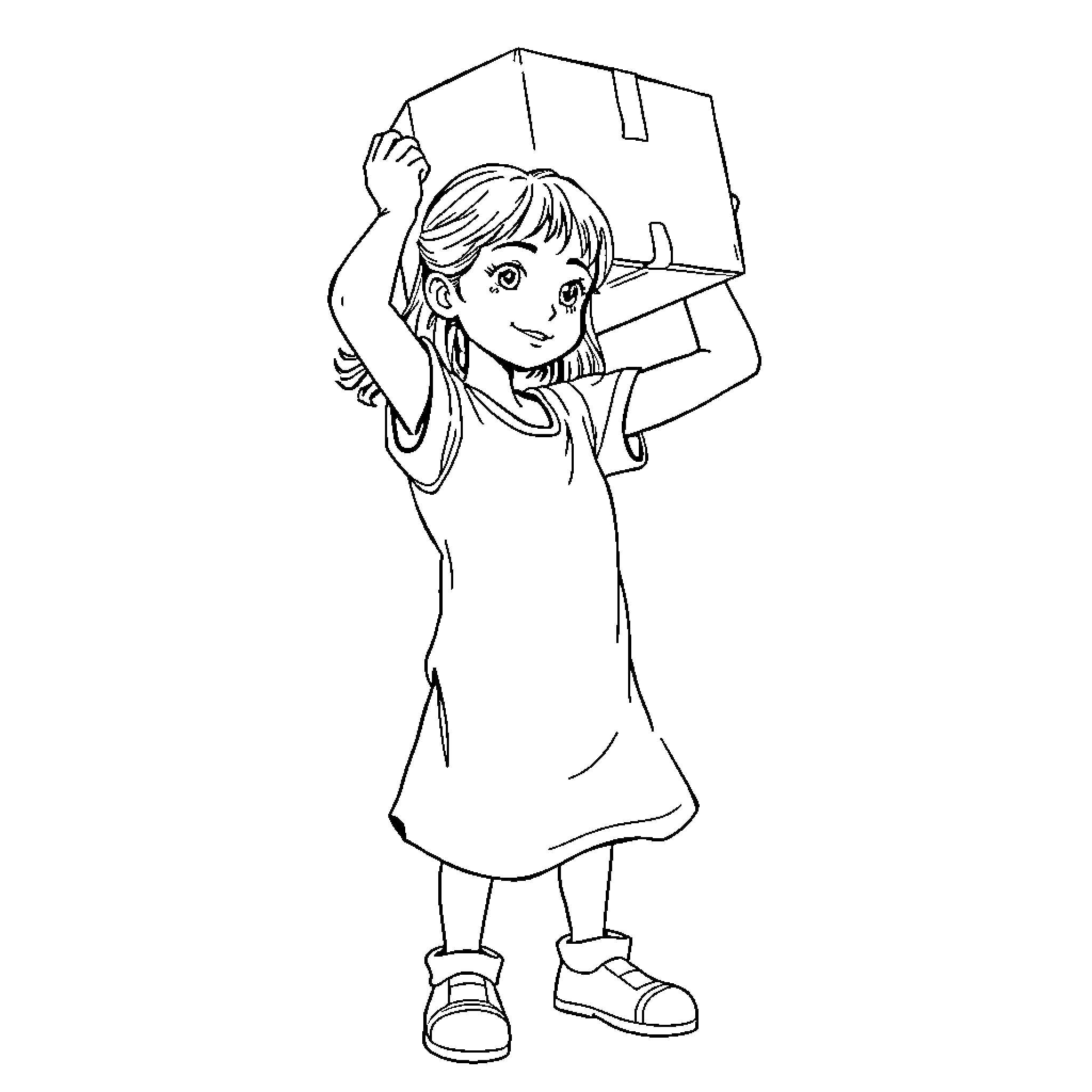 Girl carrying a large box happily Coloring Page (free black-and-white line drawing printable PDF for all, from beginners to advanced learners, including children, teens, adults, and seniors)