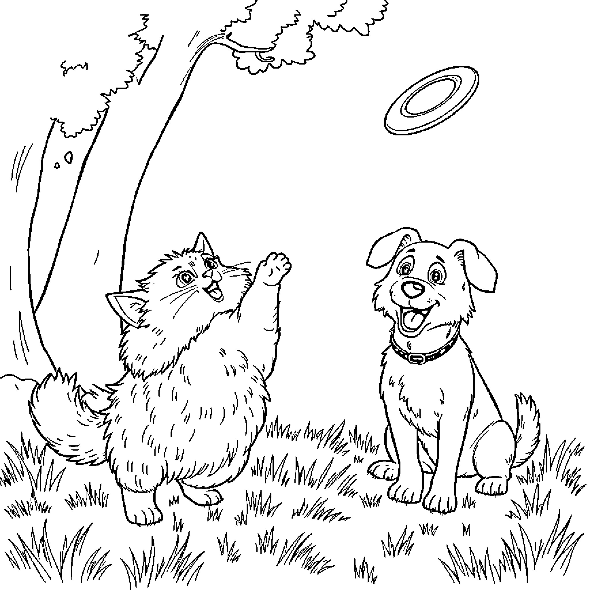 Cat and dog playing together in the park Coloring Page (free black-and-white line drawing printable PDF for all, from beginners to advanced learners, including children, teens, adults, and seniors)