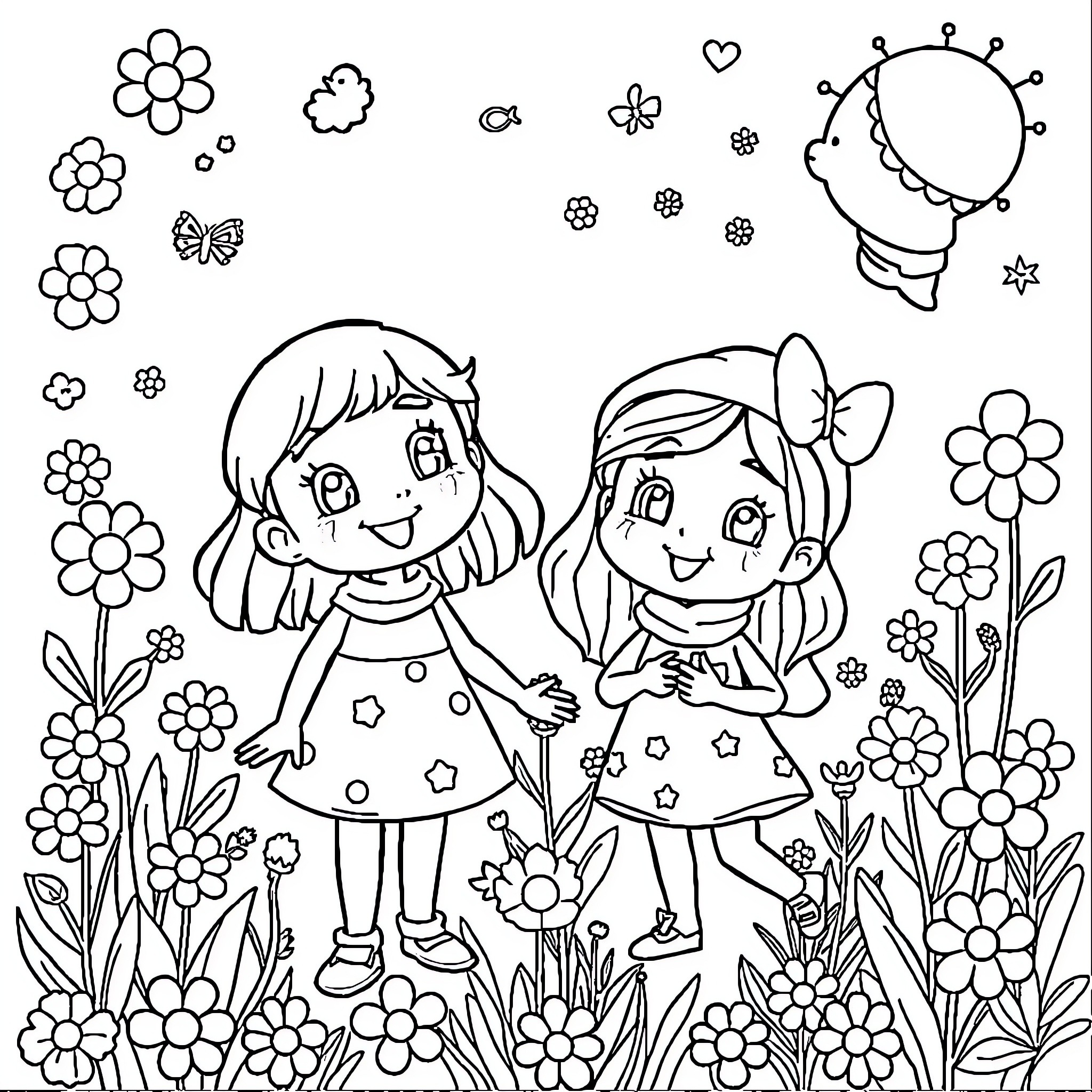 Bogyó és Babóca enjoying flowers and nature Coloring Page (free black-and-white line drawing printable PDF for all, from beginners to advanced learners, including children, teens, adults, and seniors)