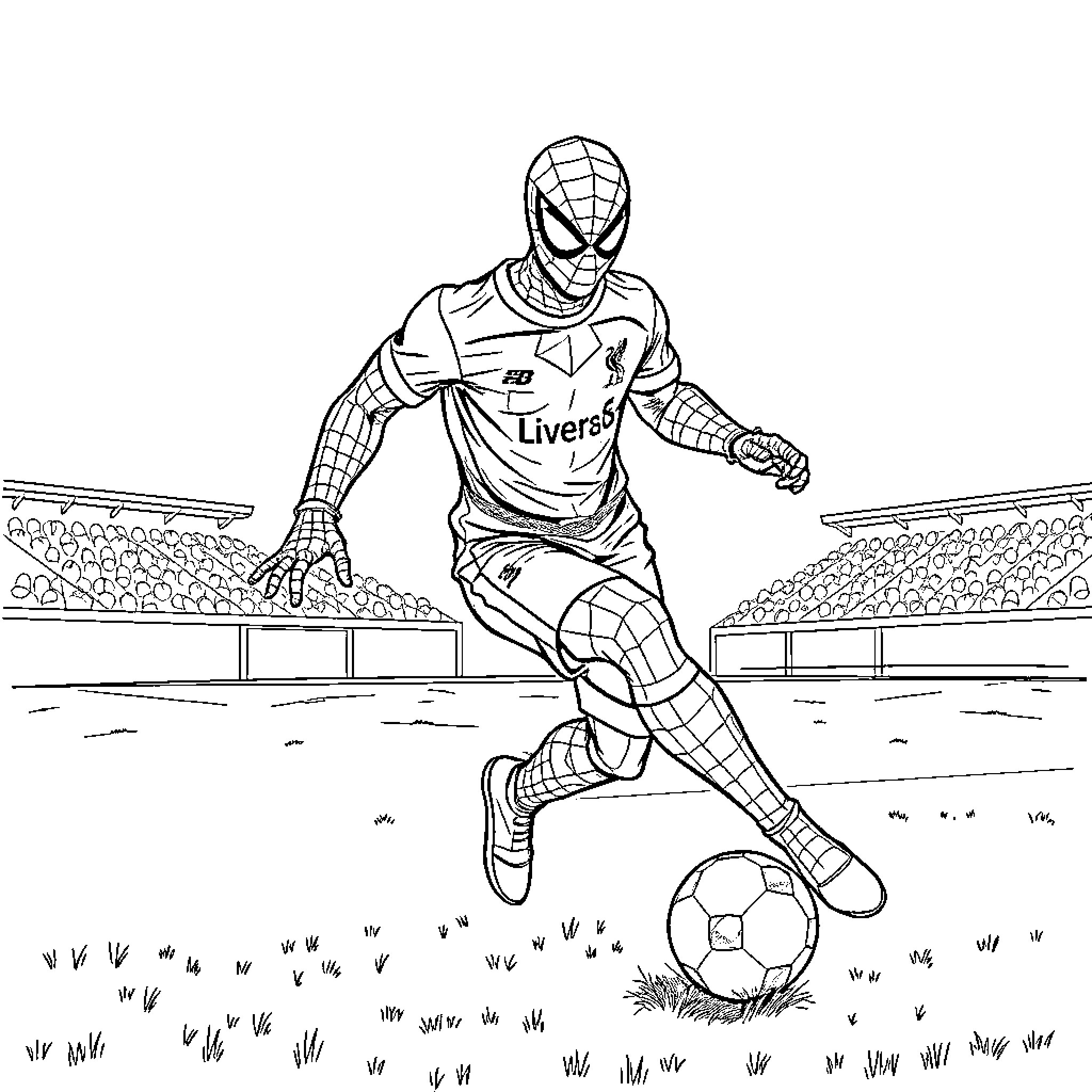 Spiderman playing soccer in the stadium Coloring Page (free black-and-white line drawing printable PDF for all, from beginners to advanced learners, including children, teens, adults, and seniors)