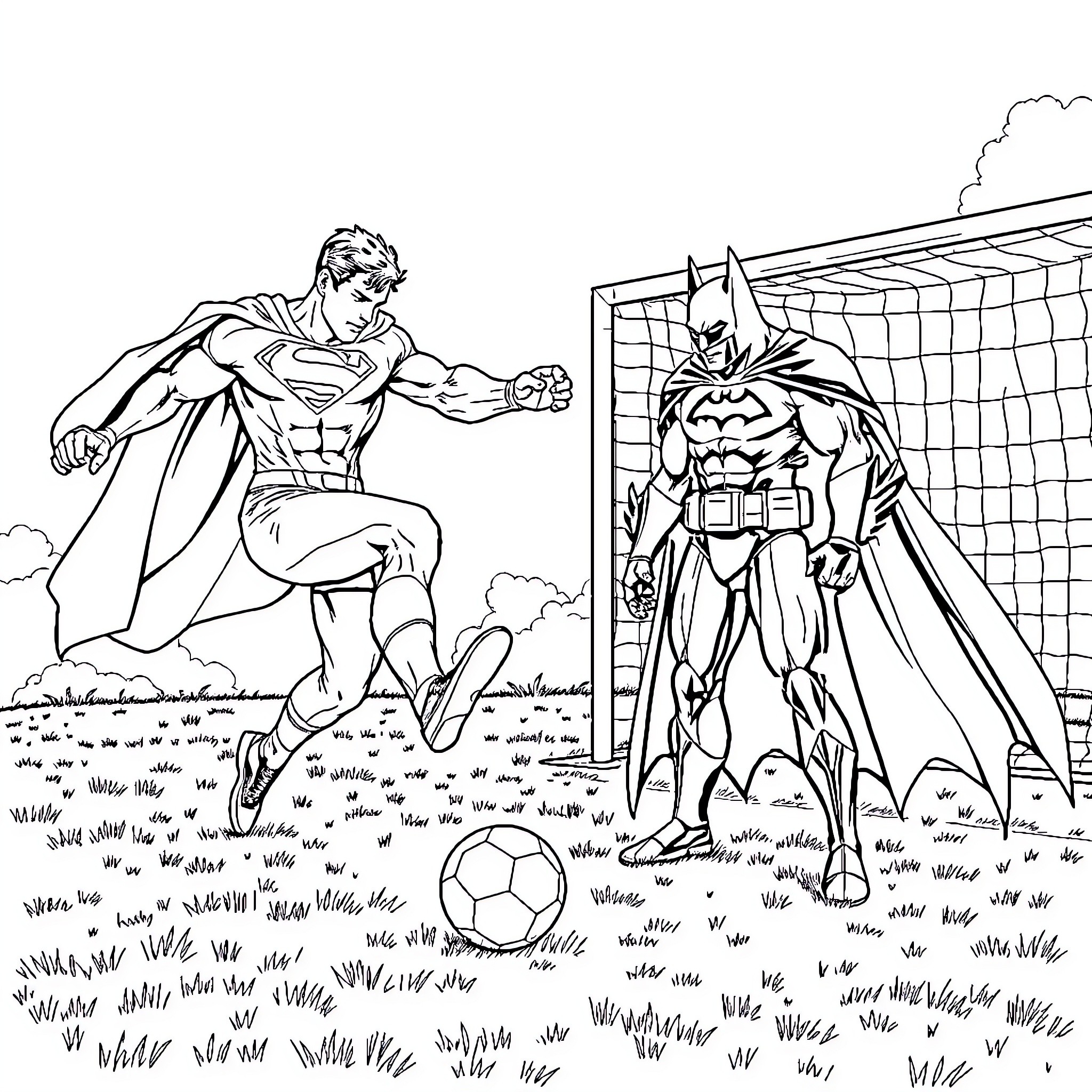 Superman and Batman in an action-filled scene Coloring Page (free black-and-white line drawing printable PDF for all, from beginners to advanced learners, including children, teens, adults, and seniors)