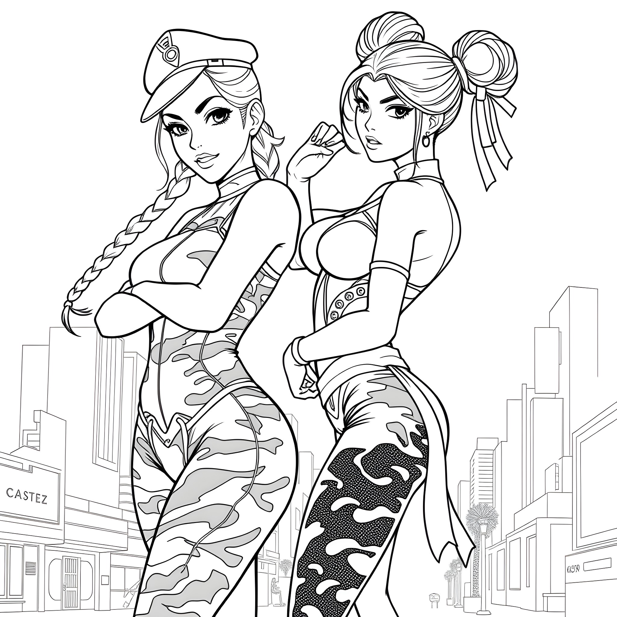 Cammy and her friend in stylish outfits Coloring Page (free black-and-white line drawing printable PDF for all, from beginners to advanced learners, including children, teens, adults, and seniors)