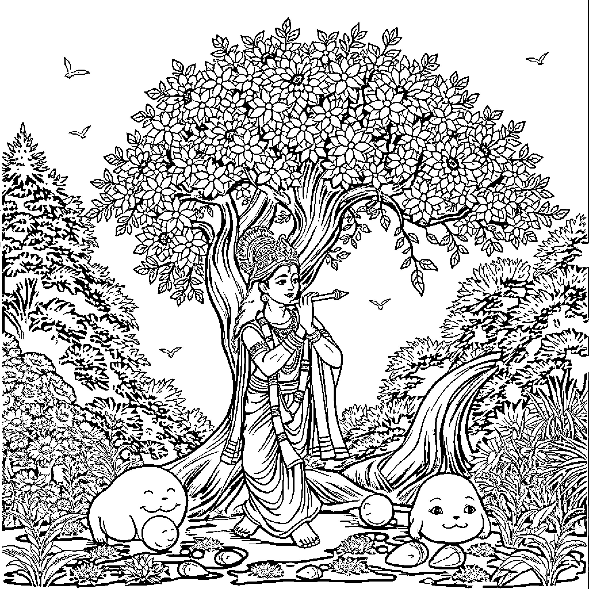 Krishna playing joyfully in the enchanting forest Coloring Page (free black-and-white line drawing printable PDF for all, from beginners to advanced learners, including children, teens, adults, and seniors)