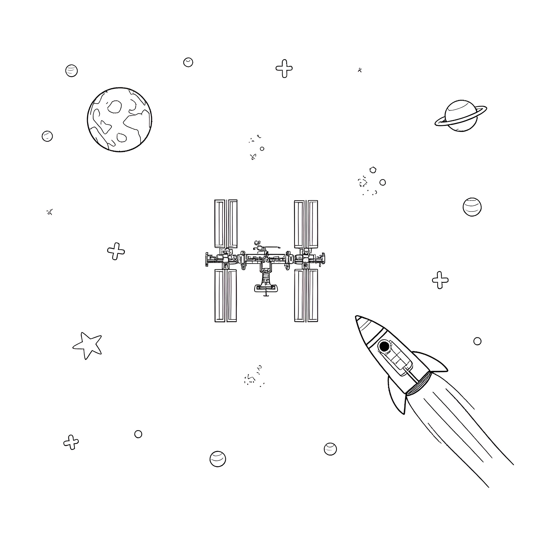 Space Station Orbiting Earth with Rocket Launch Coloring Page (free black-and-white line drawing printable PDF for all, from beginners to advanced learners, including children, teens, adults, and seniors)