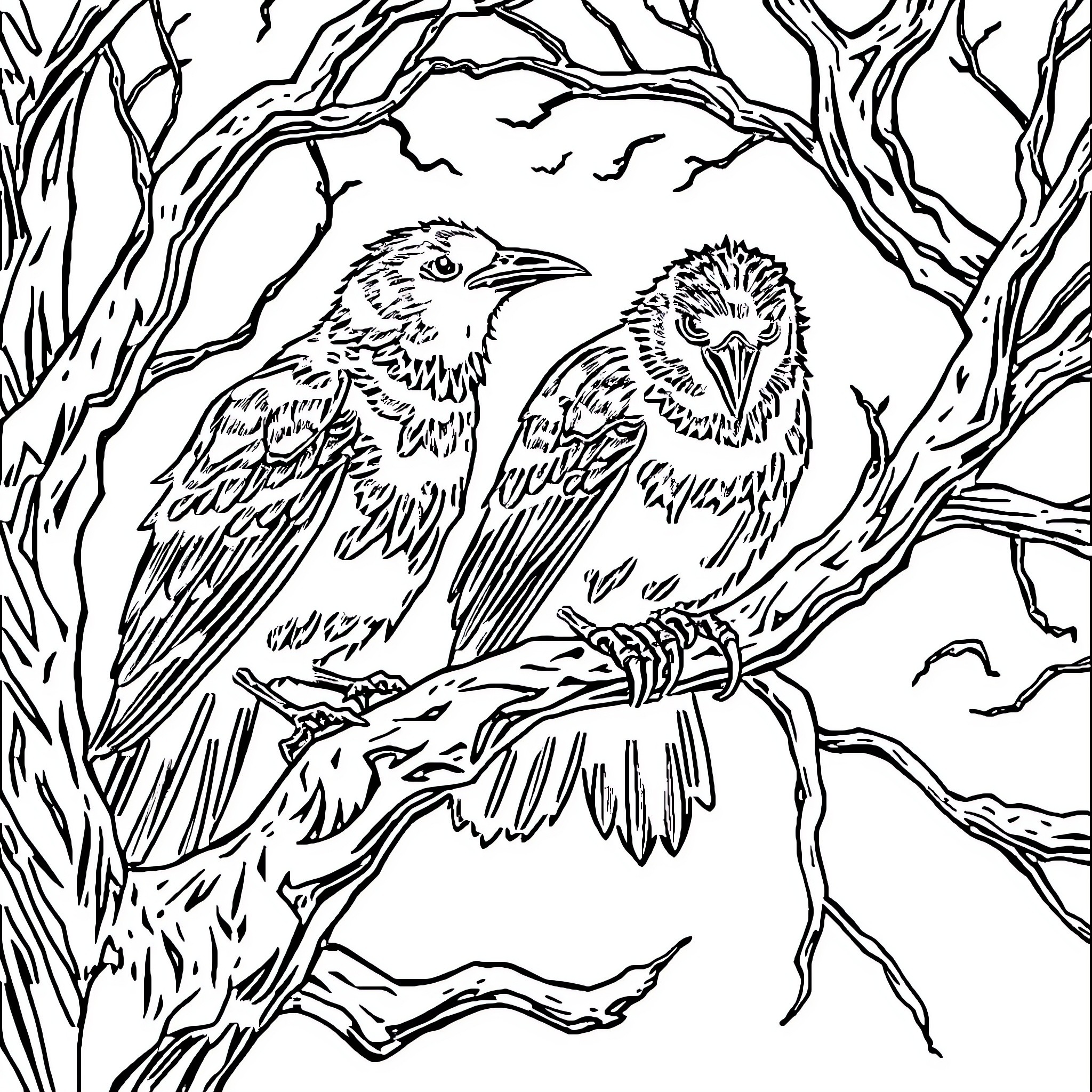 Crow pair perched in a spooky forest Coloring Page (free black-and-white line drawing printable PDF for all, from beginners to advanced learners, including children, teens, adults, and seniors)