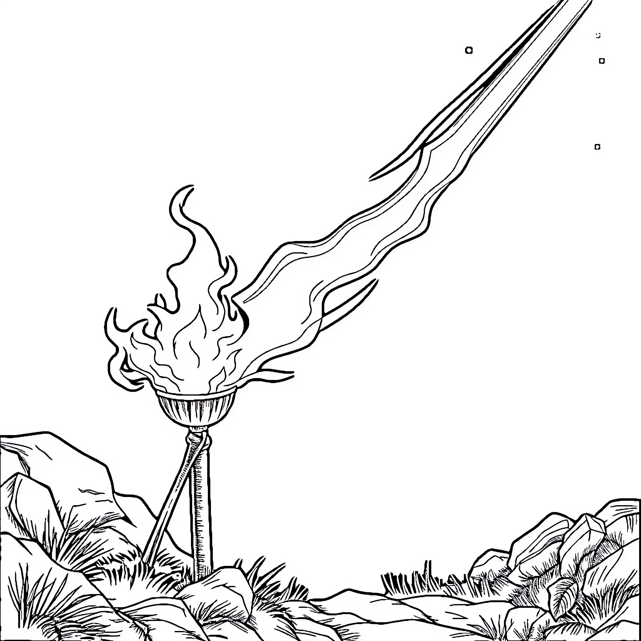 Torch burning brightly in a natural landscape Coloring Page (free black-and-white line drawing printable PDF for all, from beginners to advanced learners, including children, teens, adults, and seniors)