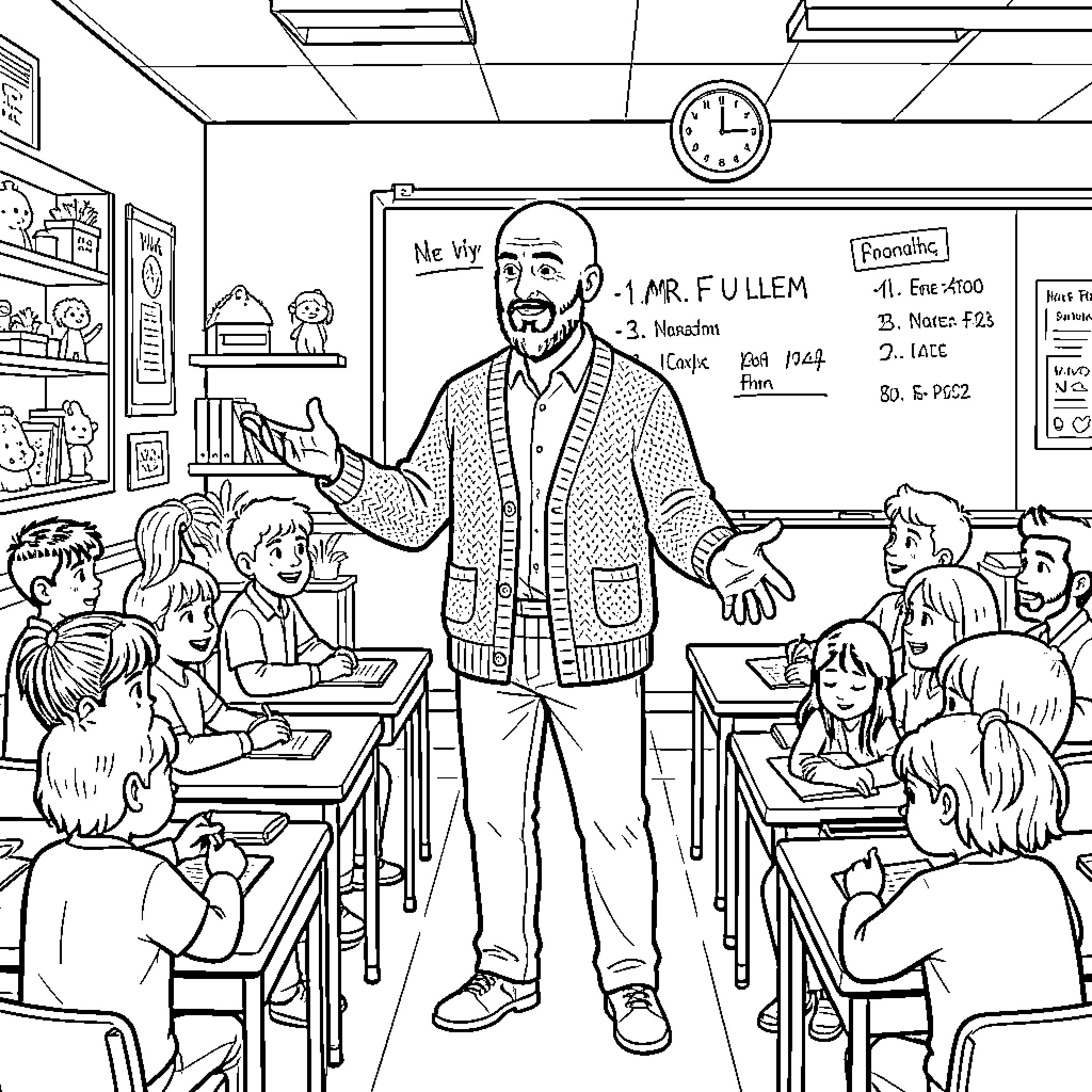Teacher explaining a lesson to attentive students in classroom Coloring Page (free black-and-white line drawing printable PDF for all, from beginners to advanced learners, including children, teens, adults, and seniors)