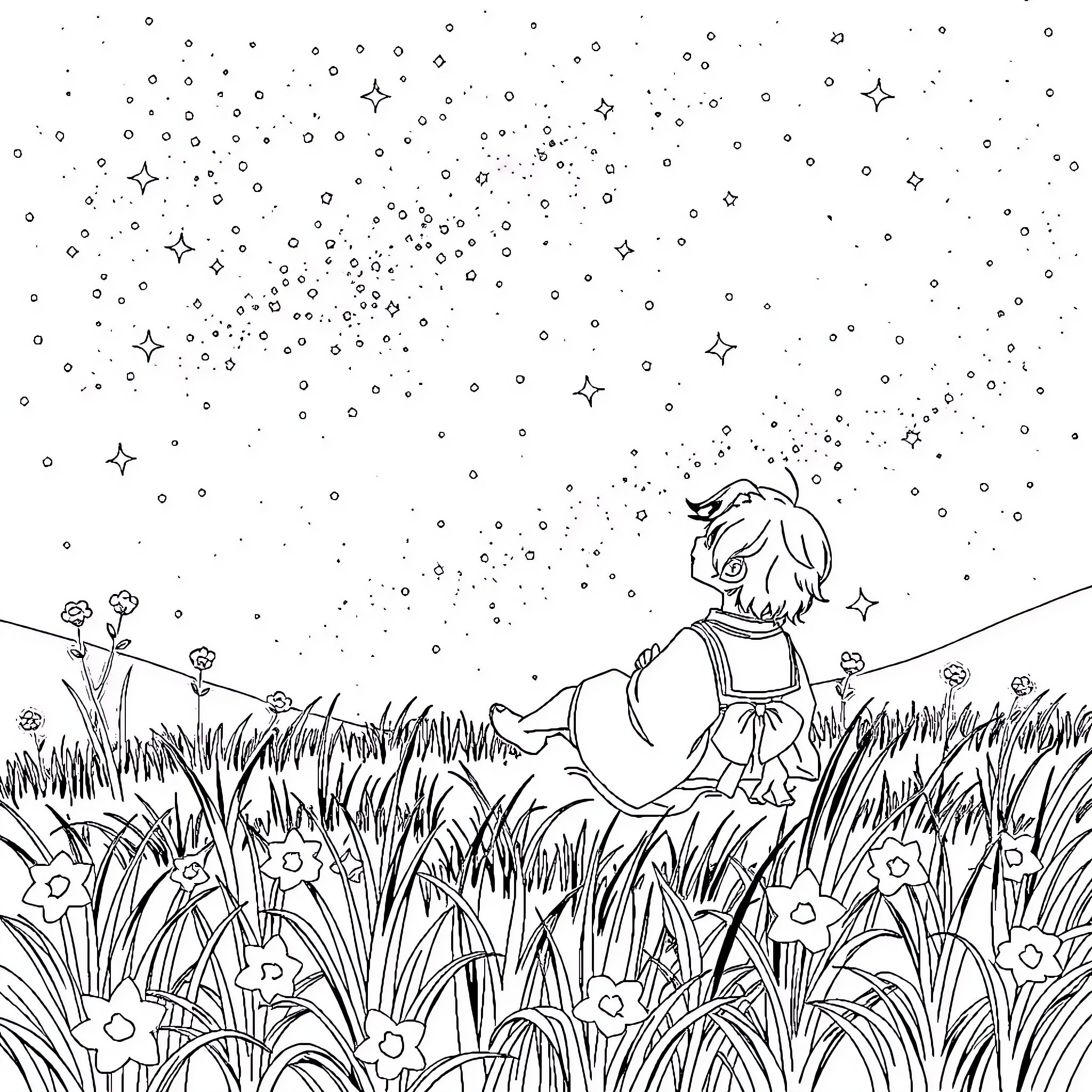 Shinobu's Starry Night Stroll Coloring Page (free black-and-white line drawing printable PDF for all, from beginners to advanced learners, including children, teens, adults, and seniors)
