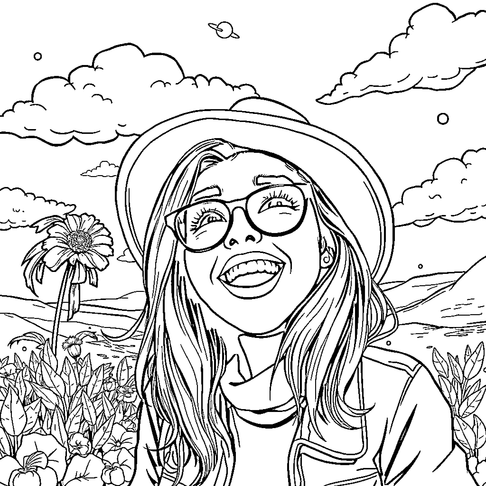 Photo of a smiling woman in nature Coloring Page (free black-and-white line drawing printable PDF for all, from beginners to advanced learners, including children, teens, adults, and seniors)