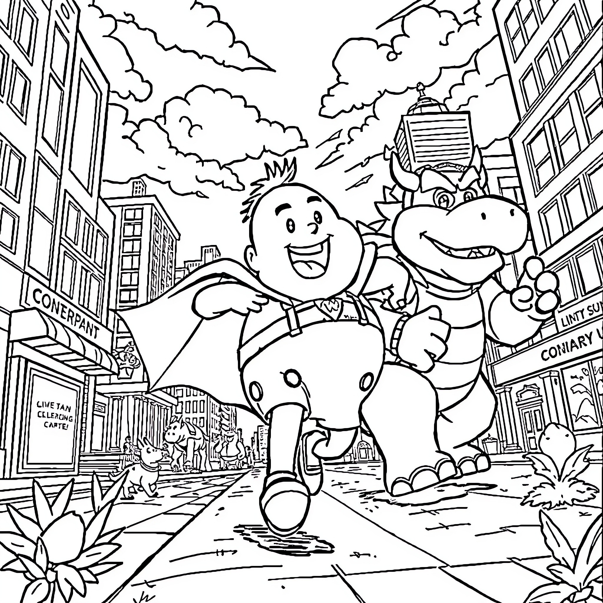 Captain Underpants Goofing Around with a Dinosaur Coloring Page (free black-and-white line drawing printable PDF for all, from beginners to advanced learners, including children, teens, adults, and seniors)