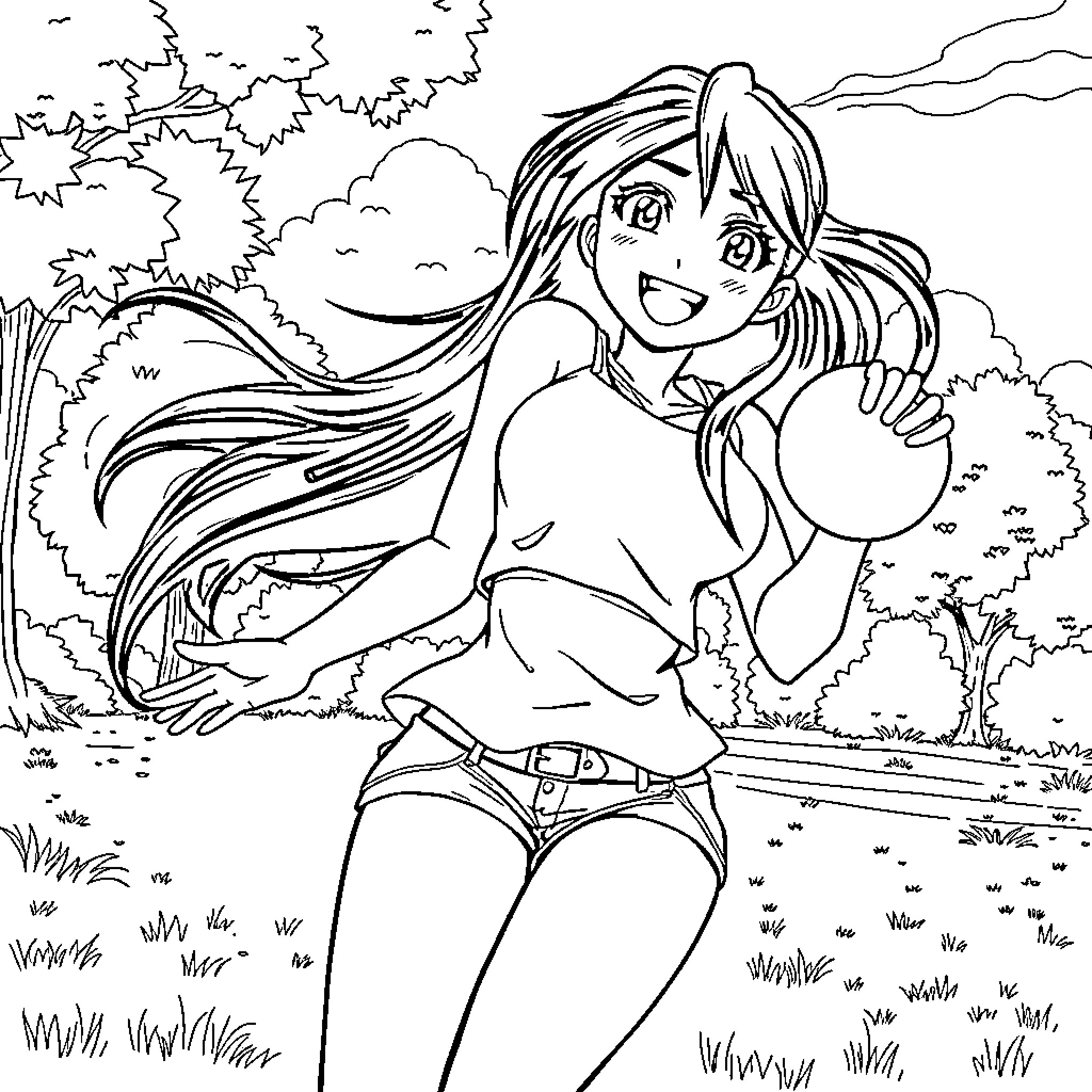 Tifa enjoying the outdoors in a casual outfit Coloring Page (free black-and-white line drawing printable PDF for all, from beginners to advanced learners, including children, teens, adults, and seniors)