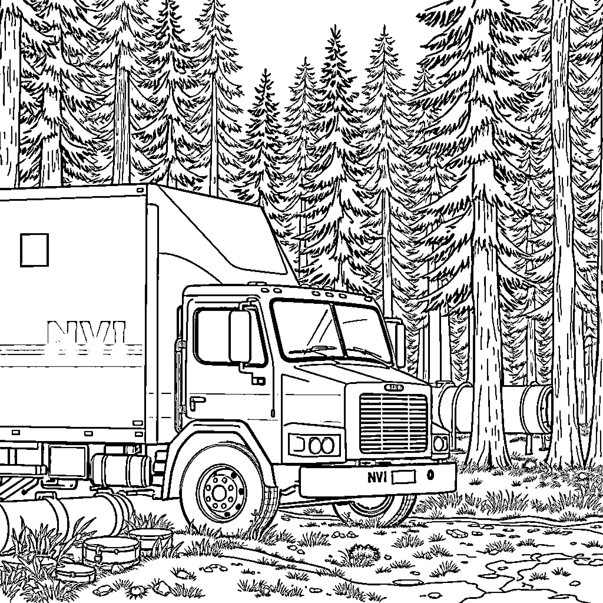 Xray Truck navigating forest road Coloring Page (free black-and-white line drawing printable PDF for all, from beginners to advanced learners, including children, teens, adults, and seniors)